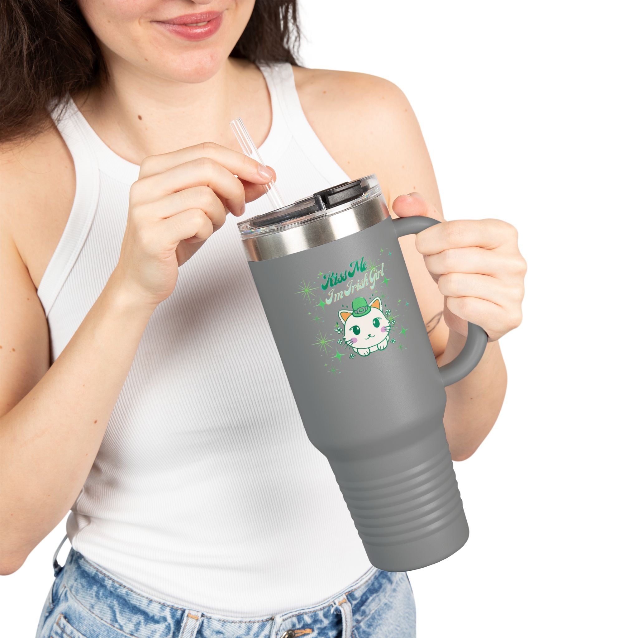 Kiss Me I'm Irish Cat Insulated Travel Mug - 40oz
