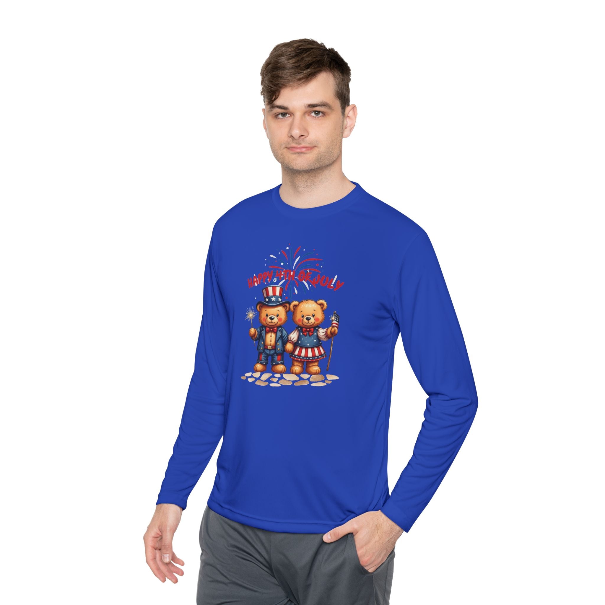 Happy 4th of July Teddy Bear Couple  Unisex Lightweight Long Sleeve Tee