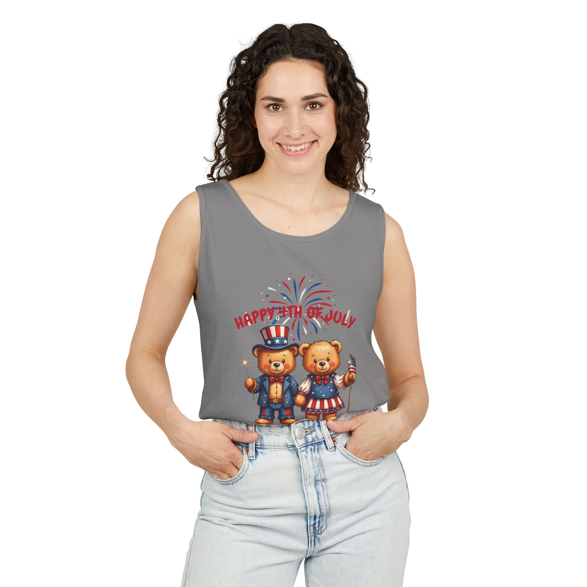Happy 4th of July Teddy Bear Couple Tank Top