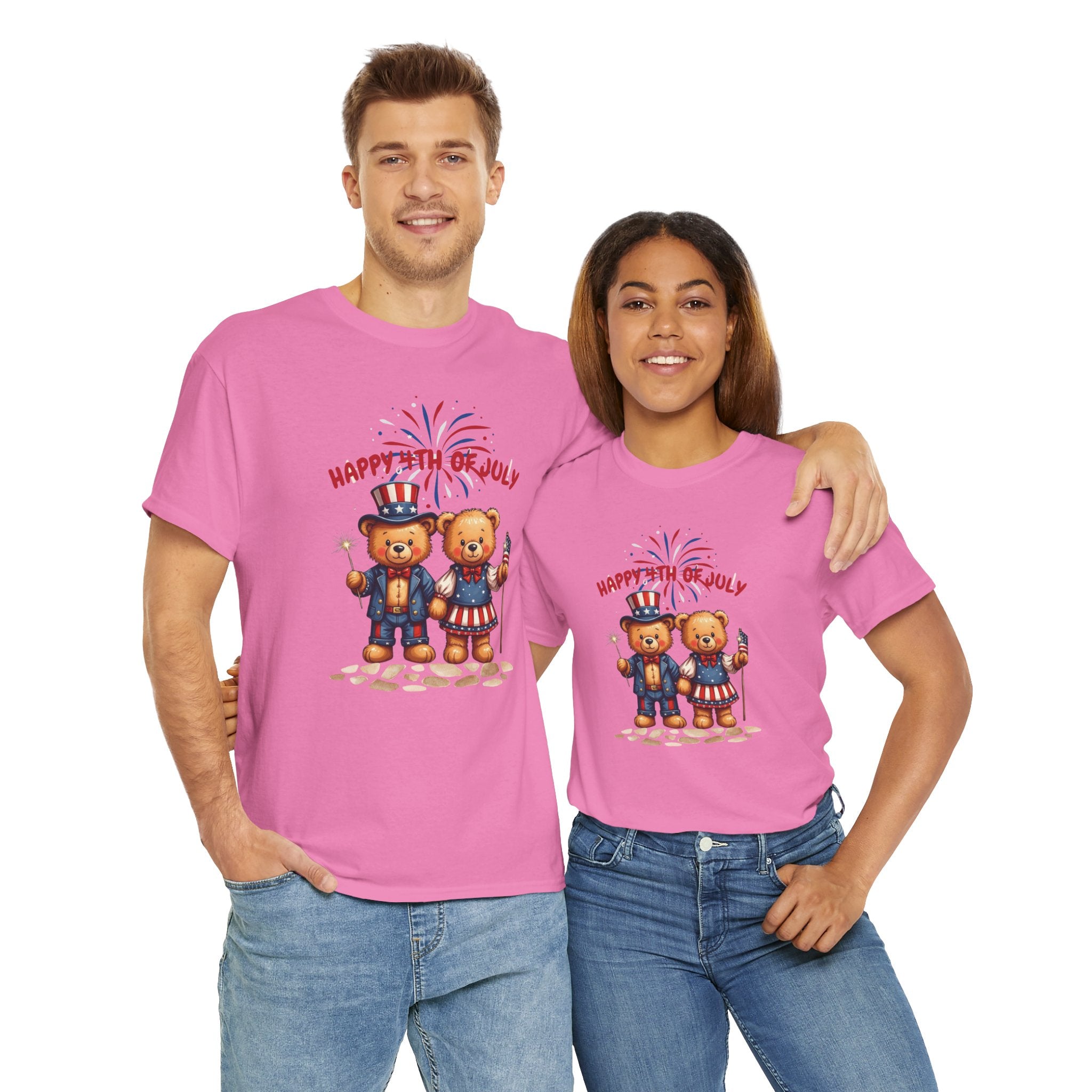 Happy 4th of July Teddy Bear Couple Unisex Heavy Cotton Tee