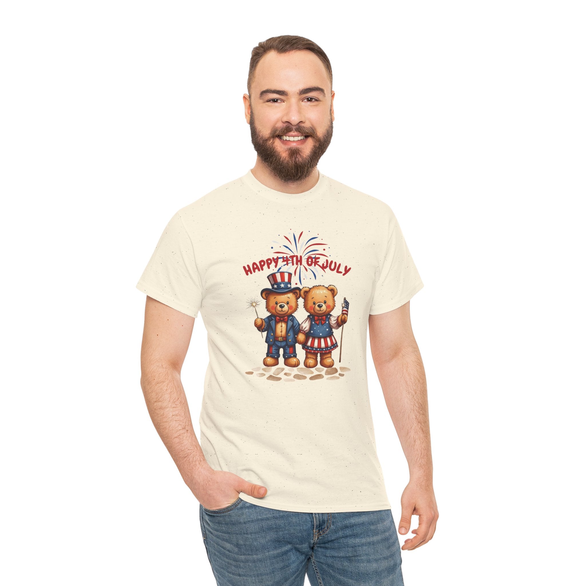 Happy 4th of July Teddy Bear Couple Unisex Heavy Cotton Tee