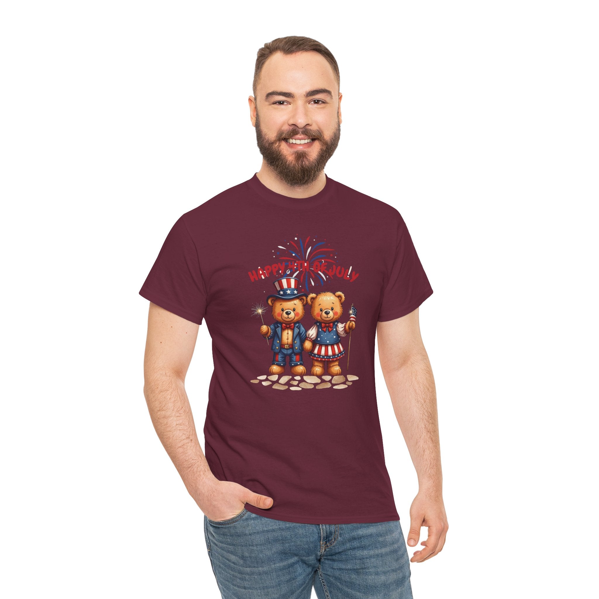 Happy 4th of July Teddy Bear Couple Unisex Heavy Cotton Tee
