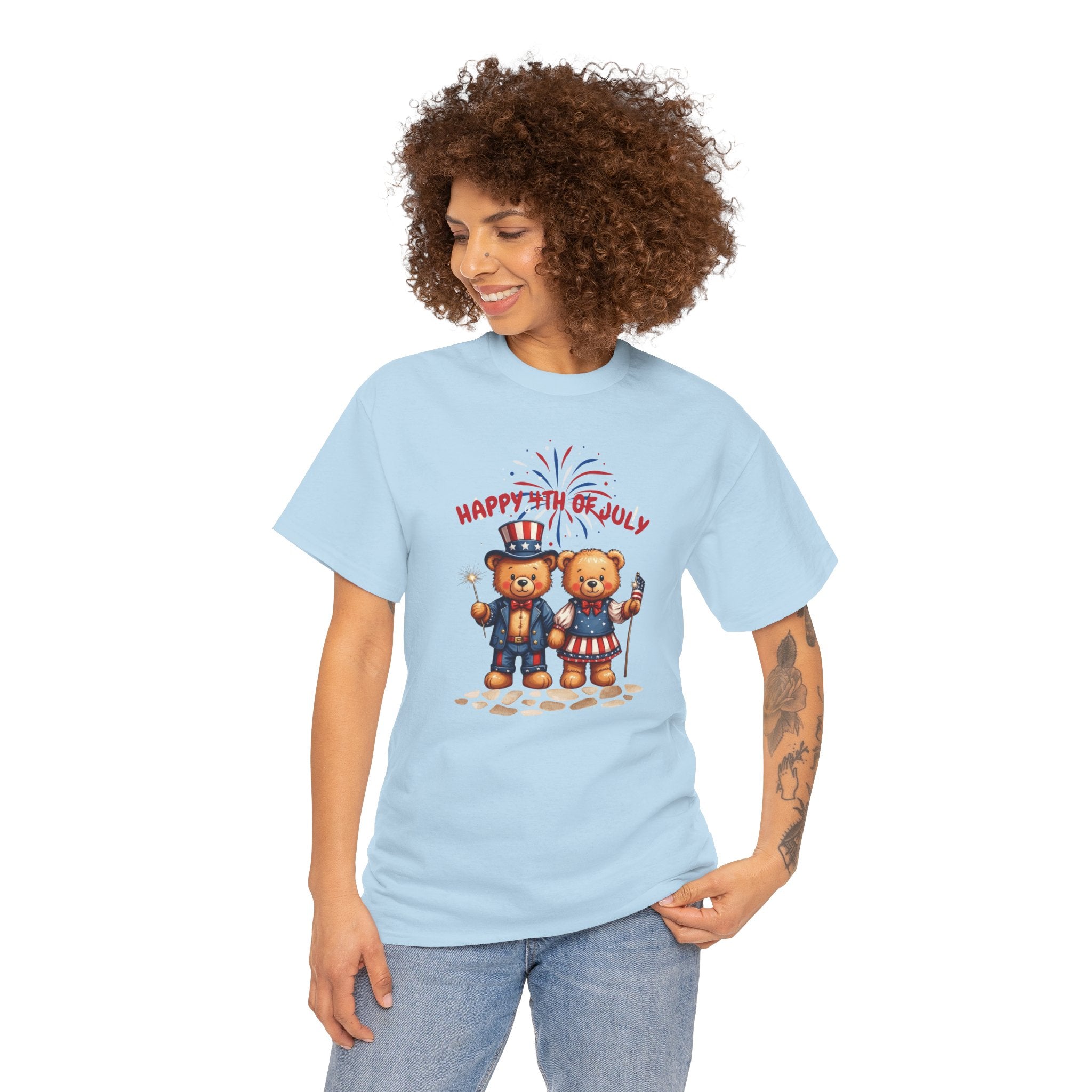 Happy 4th of July Teddy Bear Couple Unisex Heavy Cotton Tee