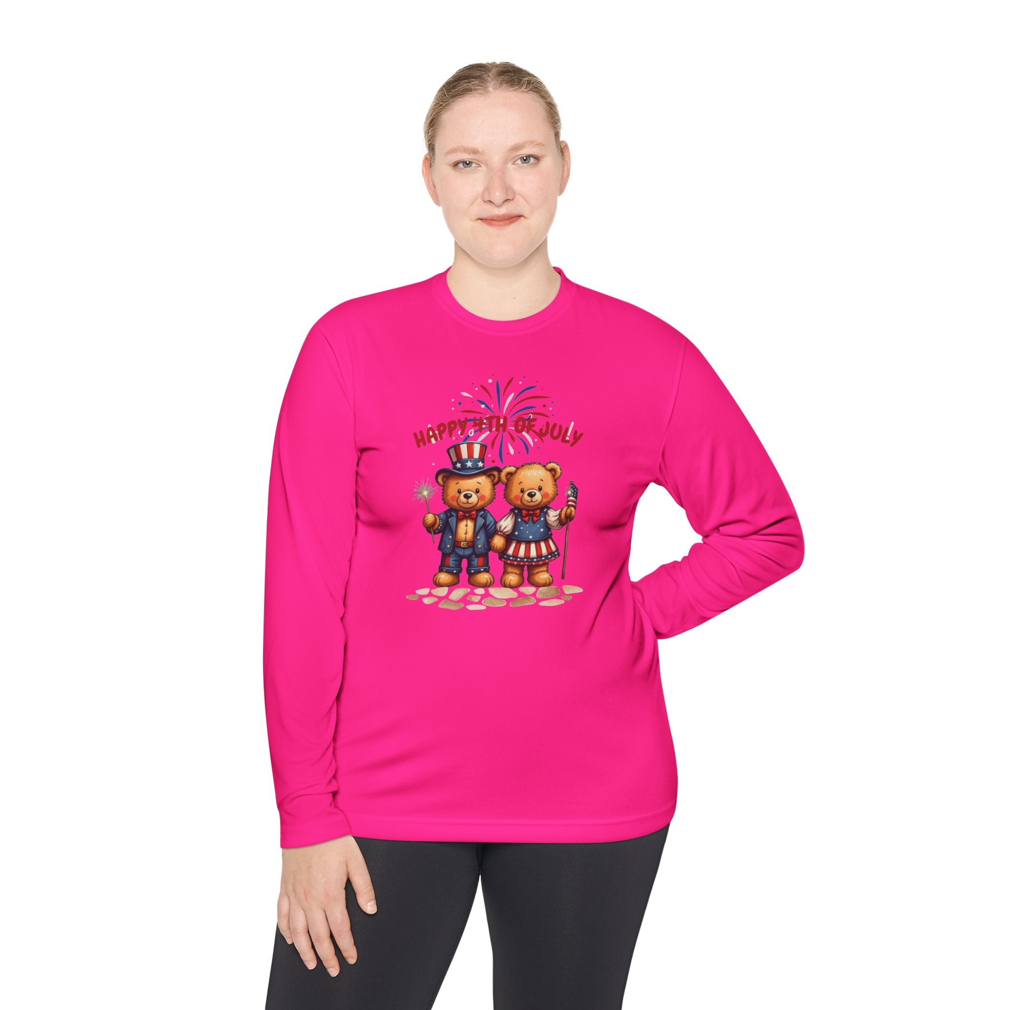 Happy 4th of July Teddy Bear Couple  Unisex Lightweight Long Sleeve Tee