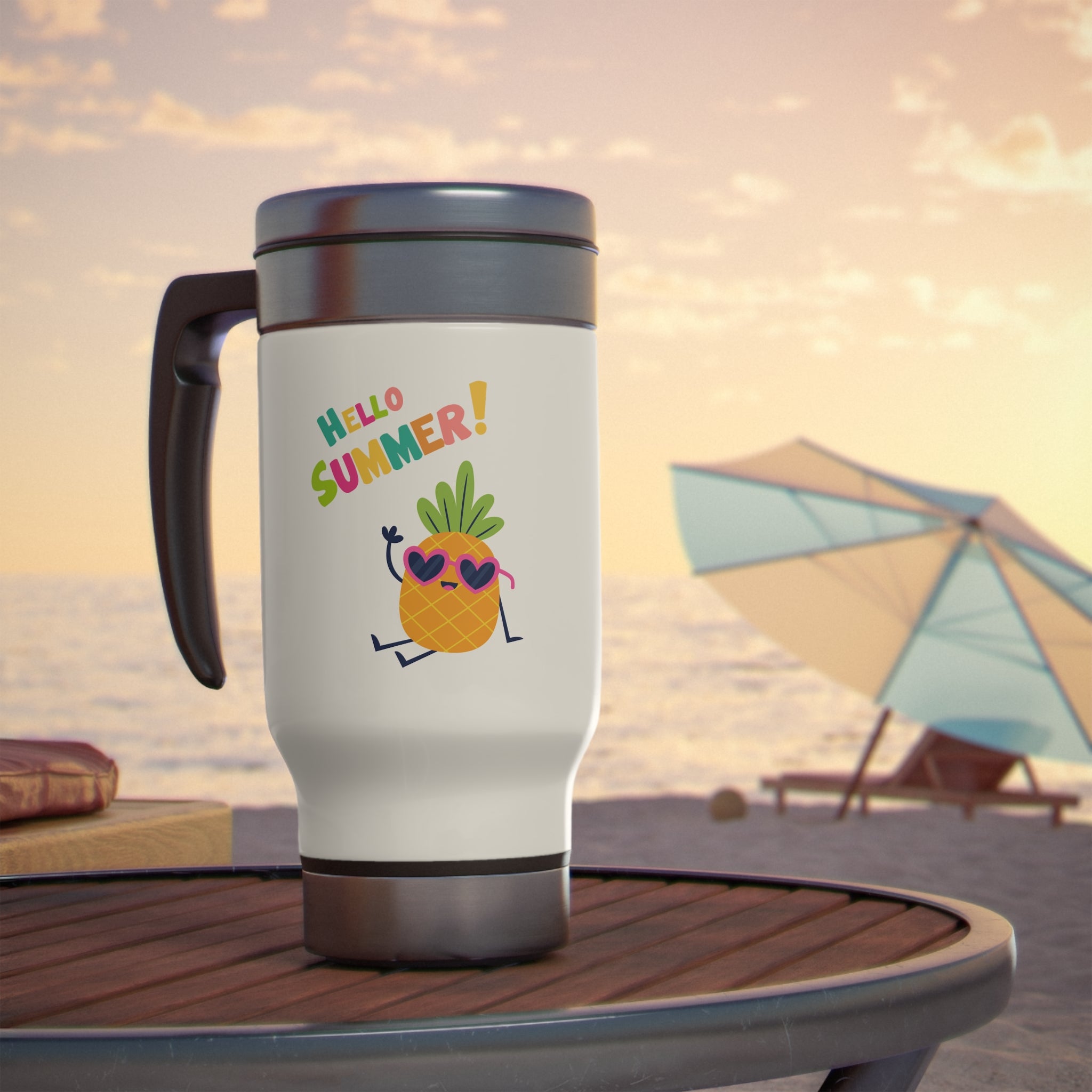 Hello Pineapple Summer Stainless Steel Travel Mug with Handle, 14oz