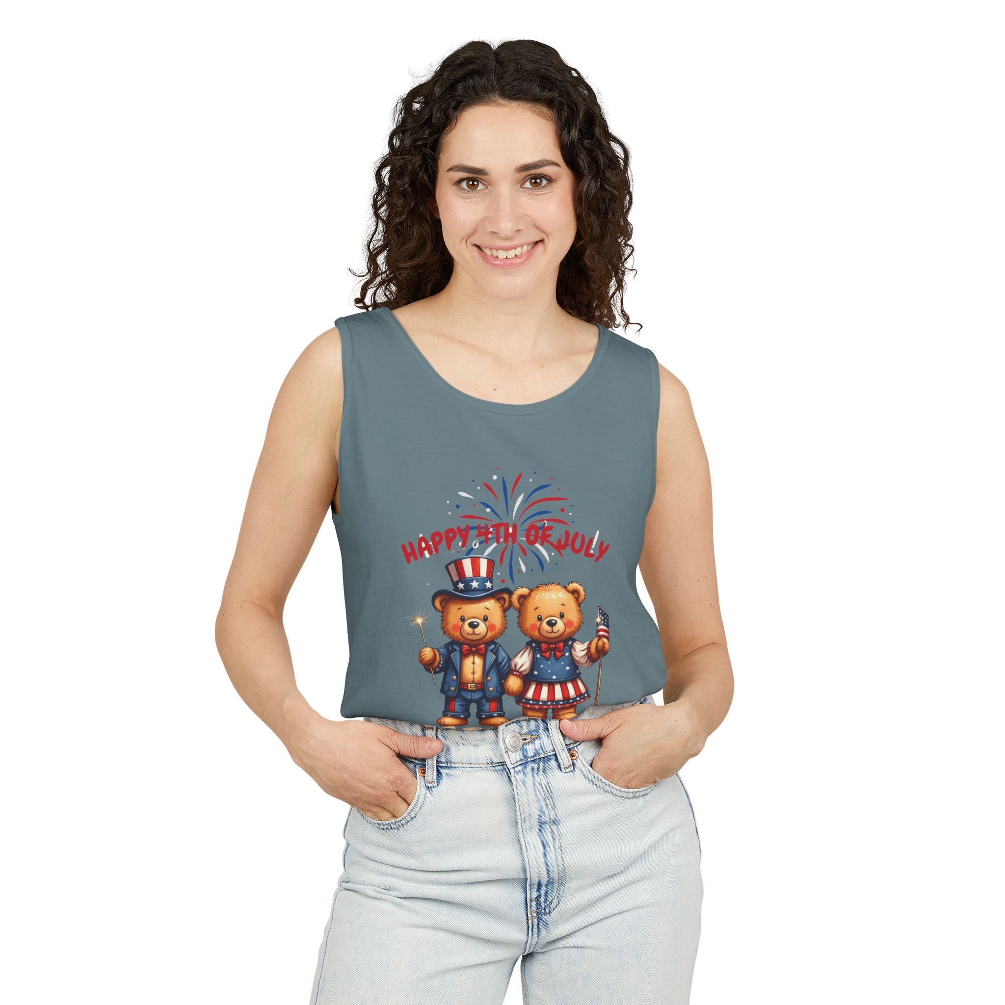 Happy 4th of July Teddy Bear Couple Tank Top
