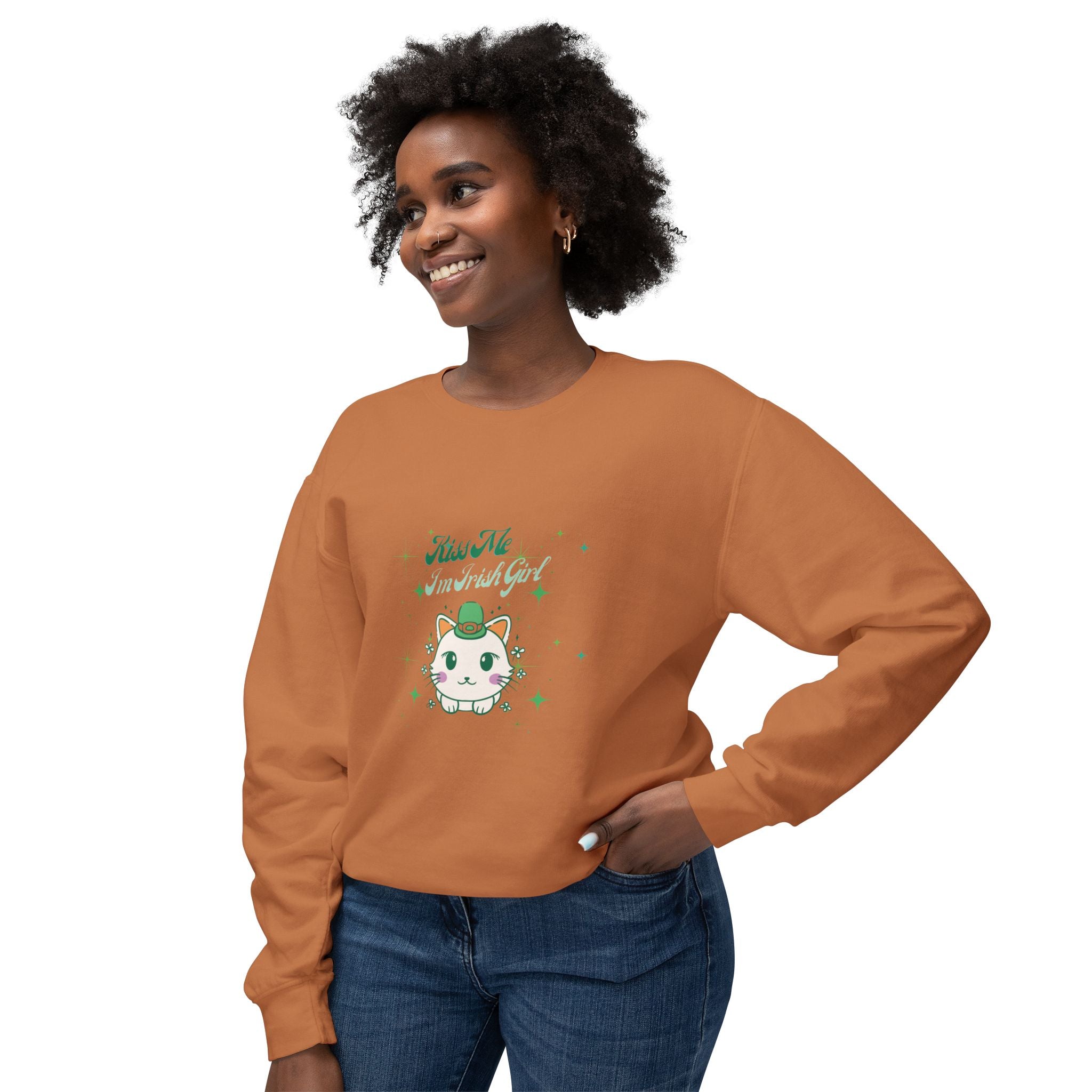 Kiss Me I'm Irish Cat Unisex Lightweight Crewneck Sweatshirt