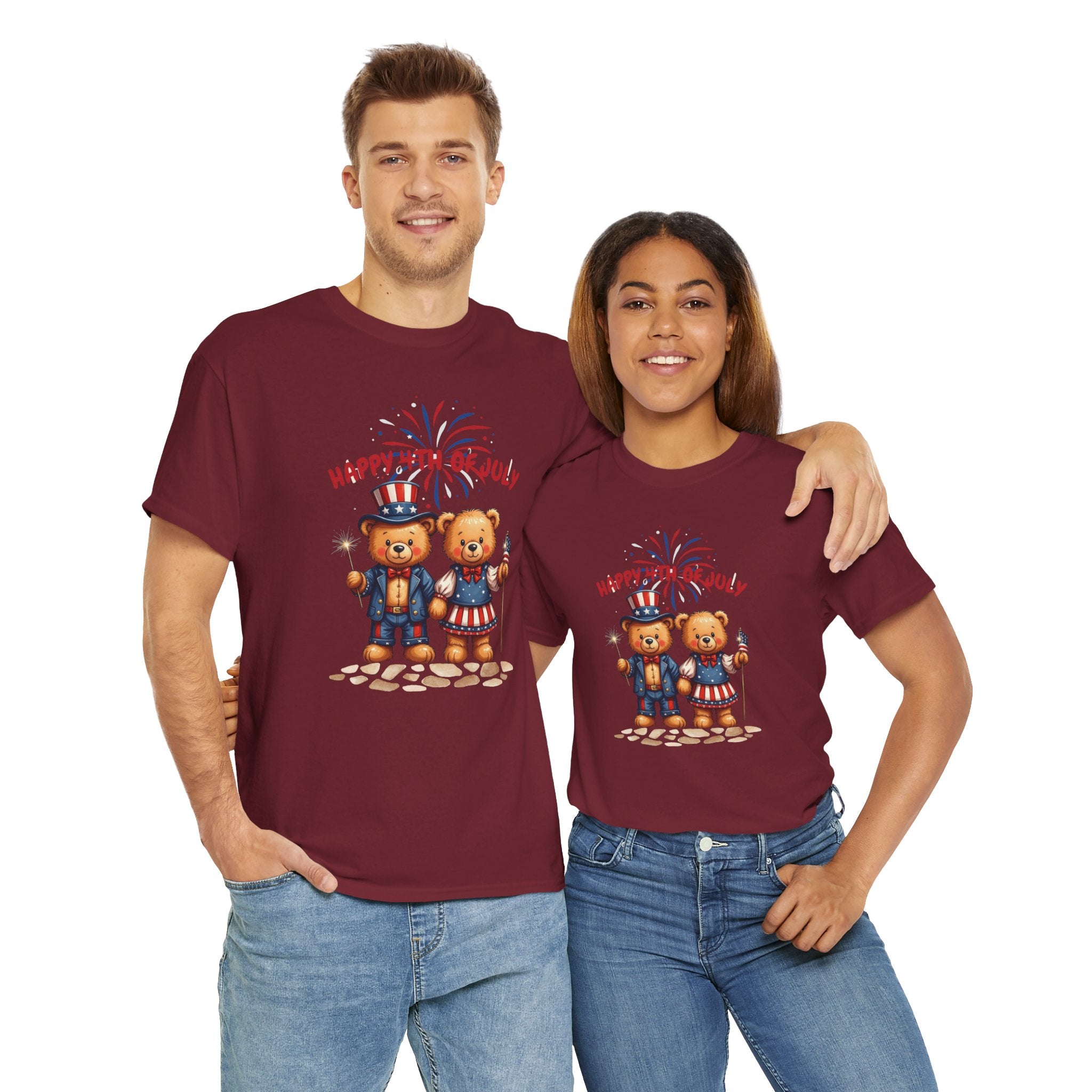 Happy 4th of July Teddy Bear Couple Unisex Heavy Cotton Tee