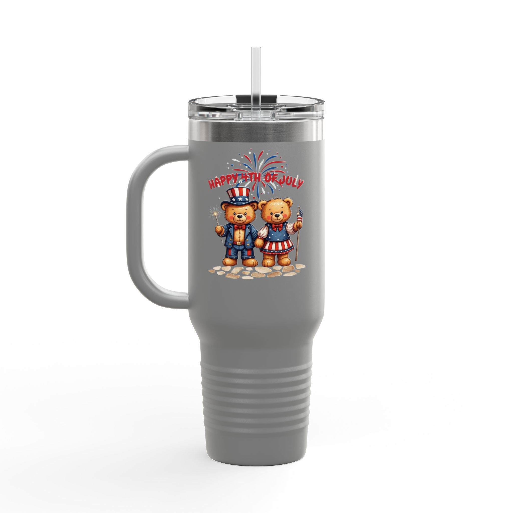 Happy 4th of July Teddy Bear Couple Insulated Travel Mug, 40oz