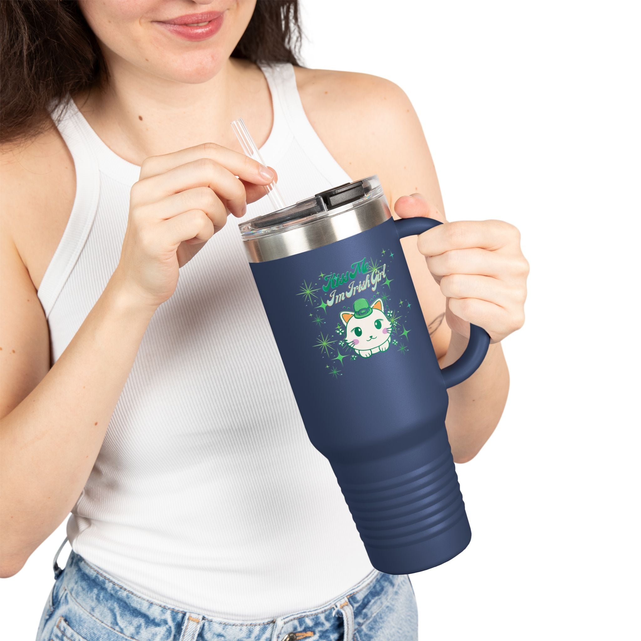 Kiss Me I'm Irish Cat Insulated Travel Mug - 40oz