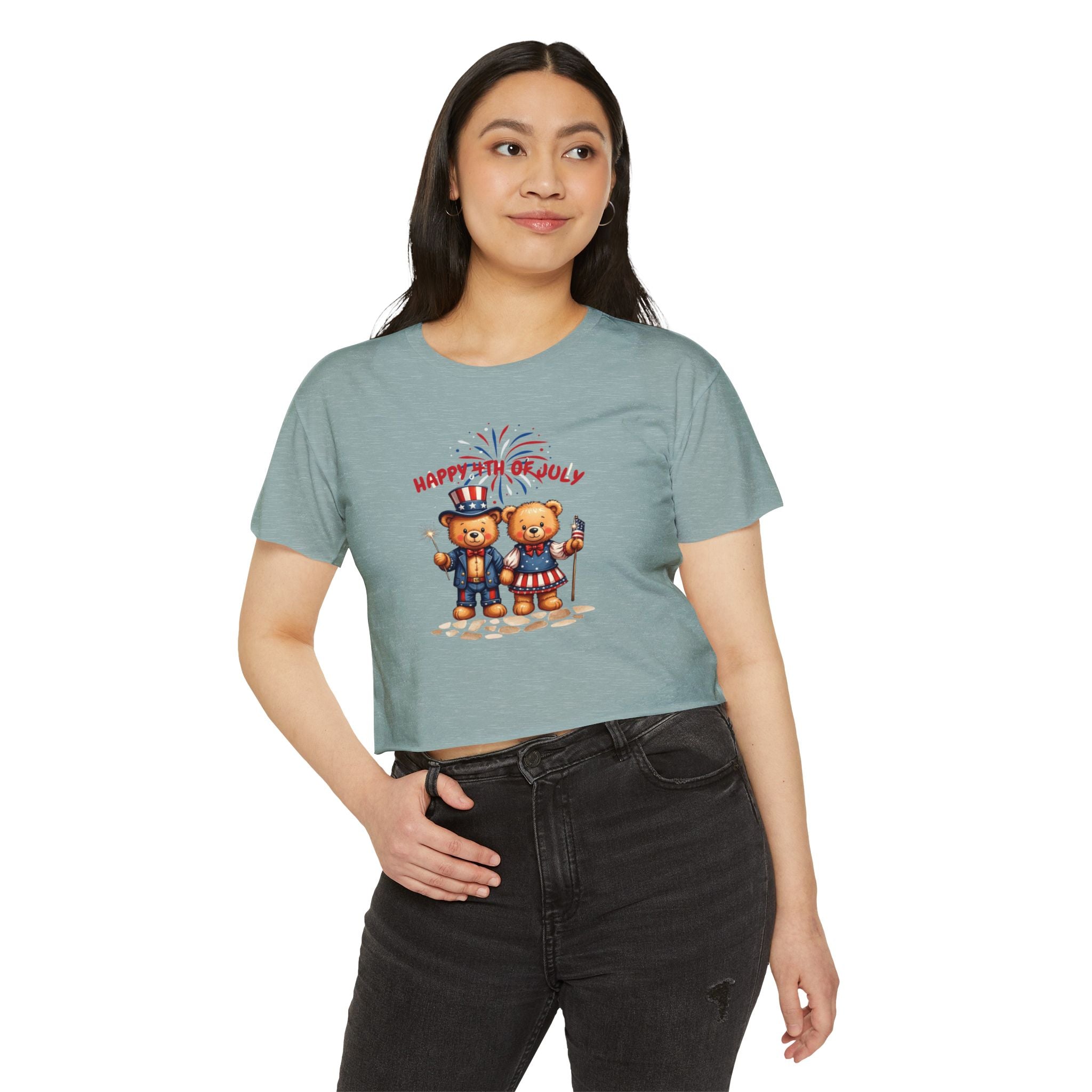 Happy 4th of July Teddy Bear Couple  Crop Top