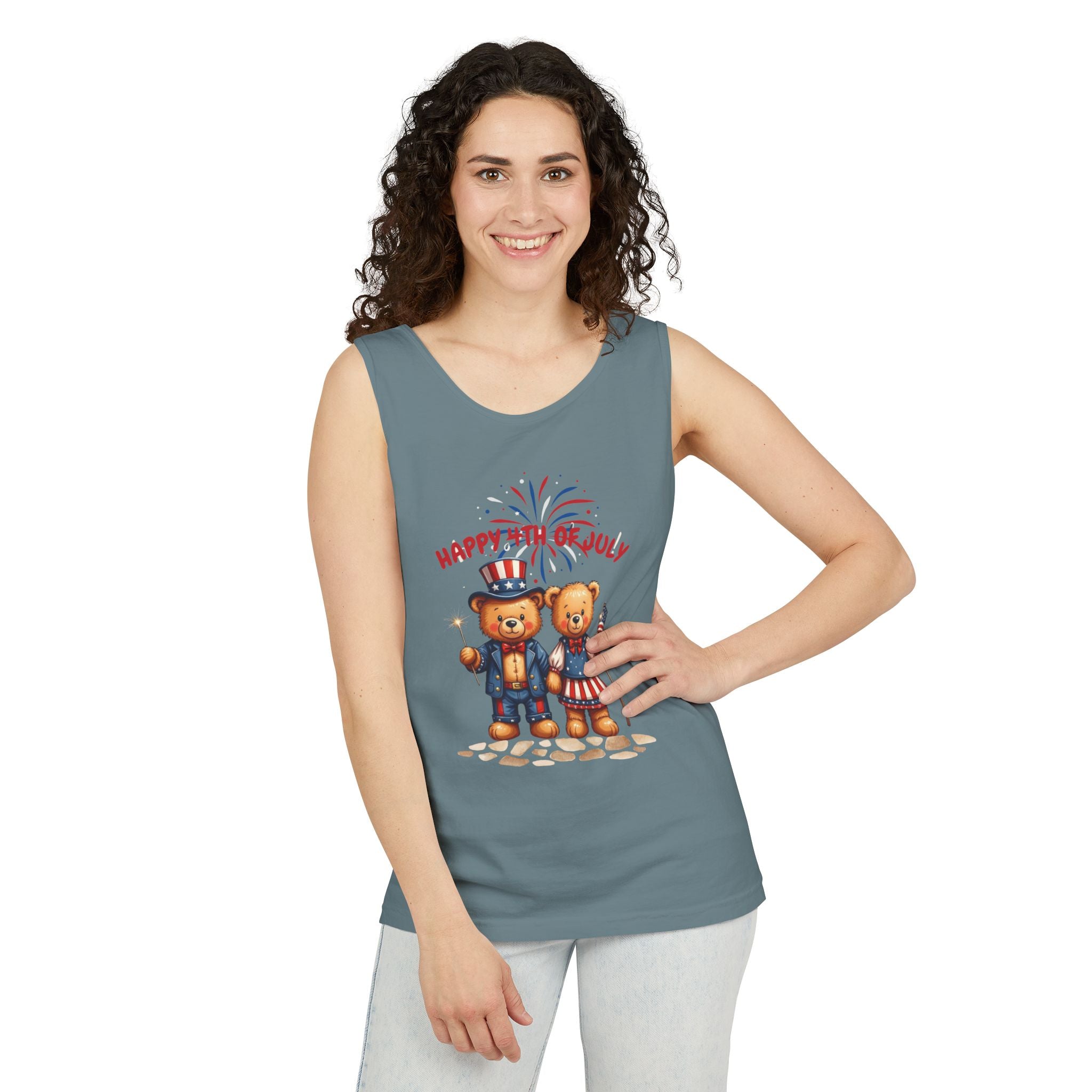 Happy 4th of July Teddy Bear Couple Tank Top