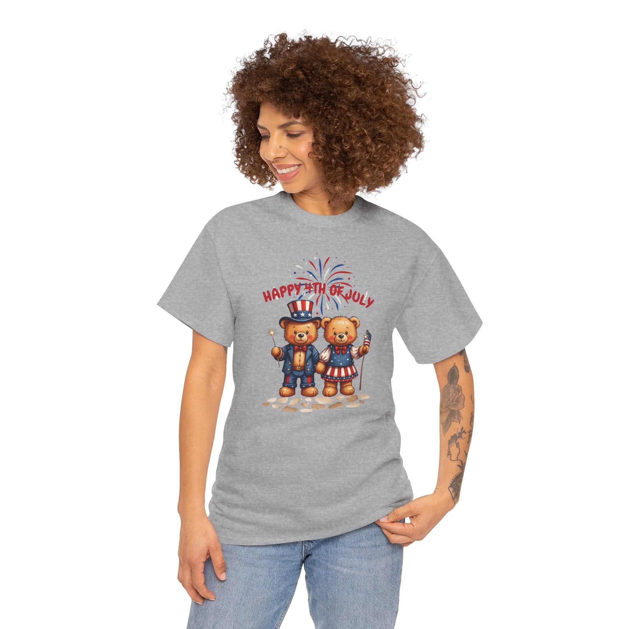 Happy 4th of July Teddy Bear Couple Unisex Heavy Cotton Tee