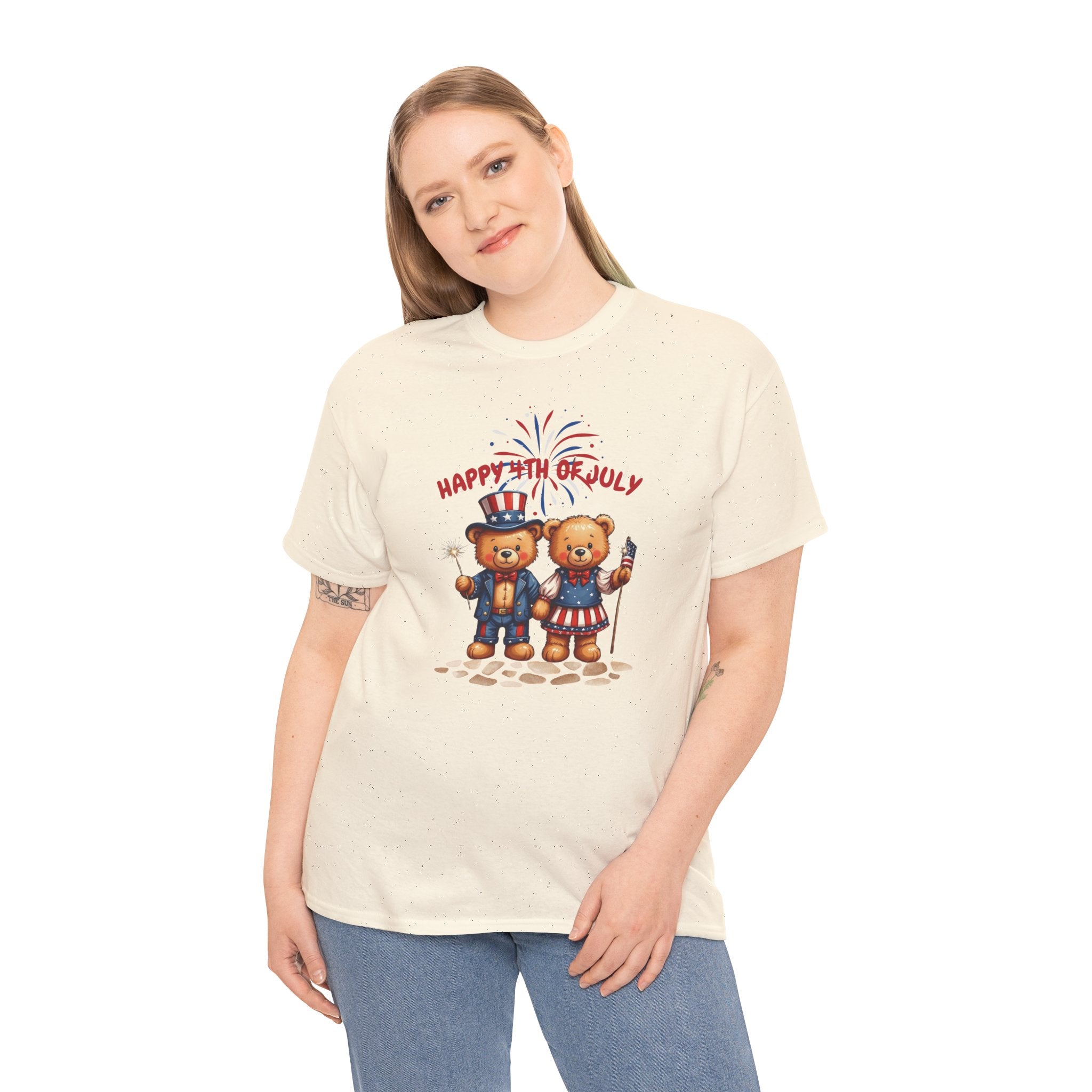 Happy 4th of July Teddy Bear Couple Unisex Heavy Cotton Tee