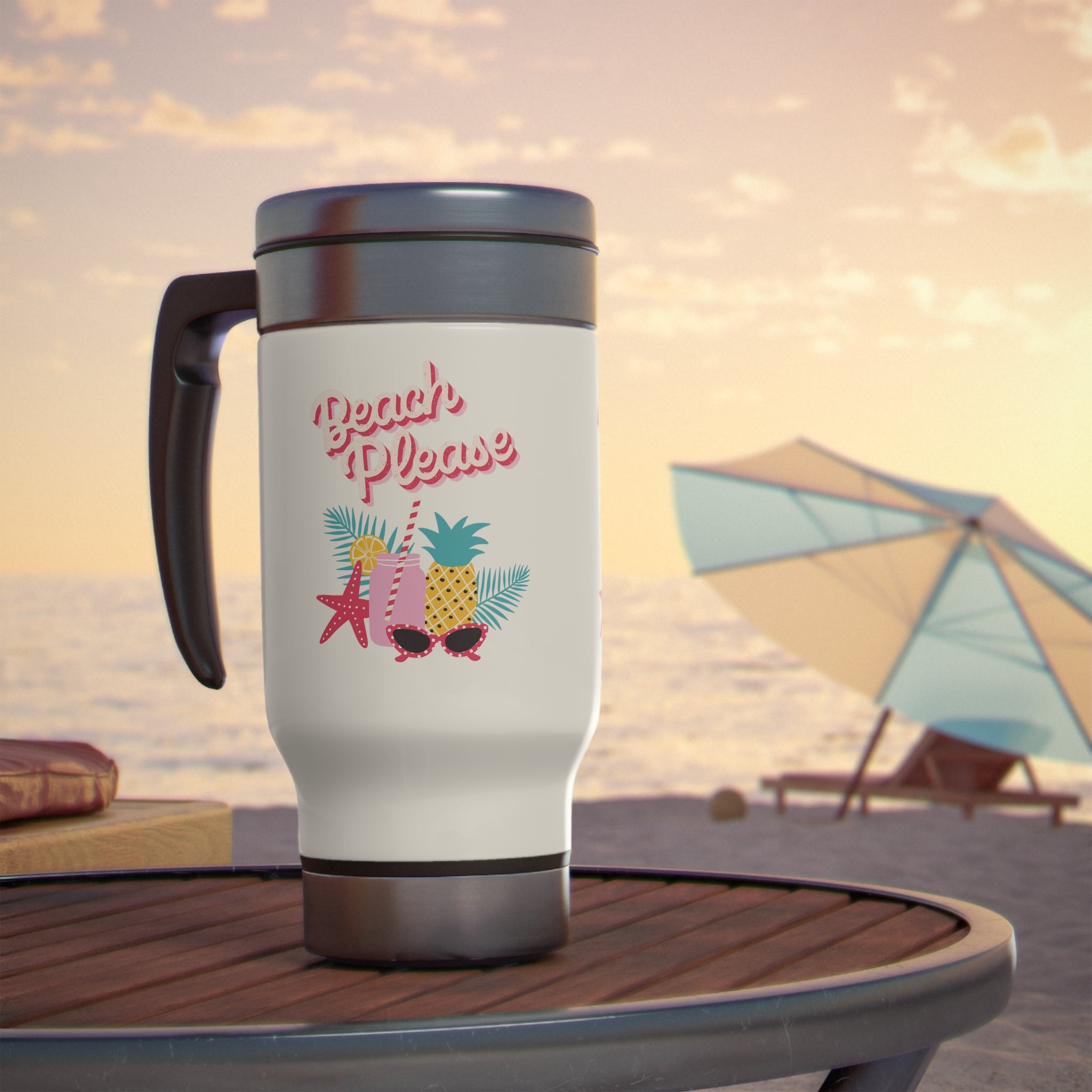 Beach Please Stainless Steel Travel Mug with Handle, 14oz