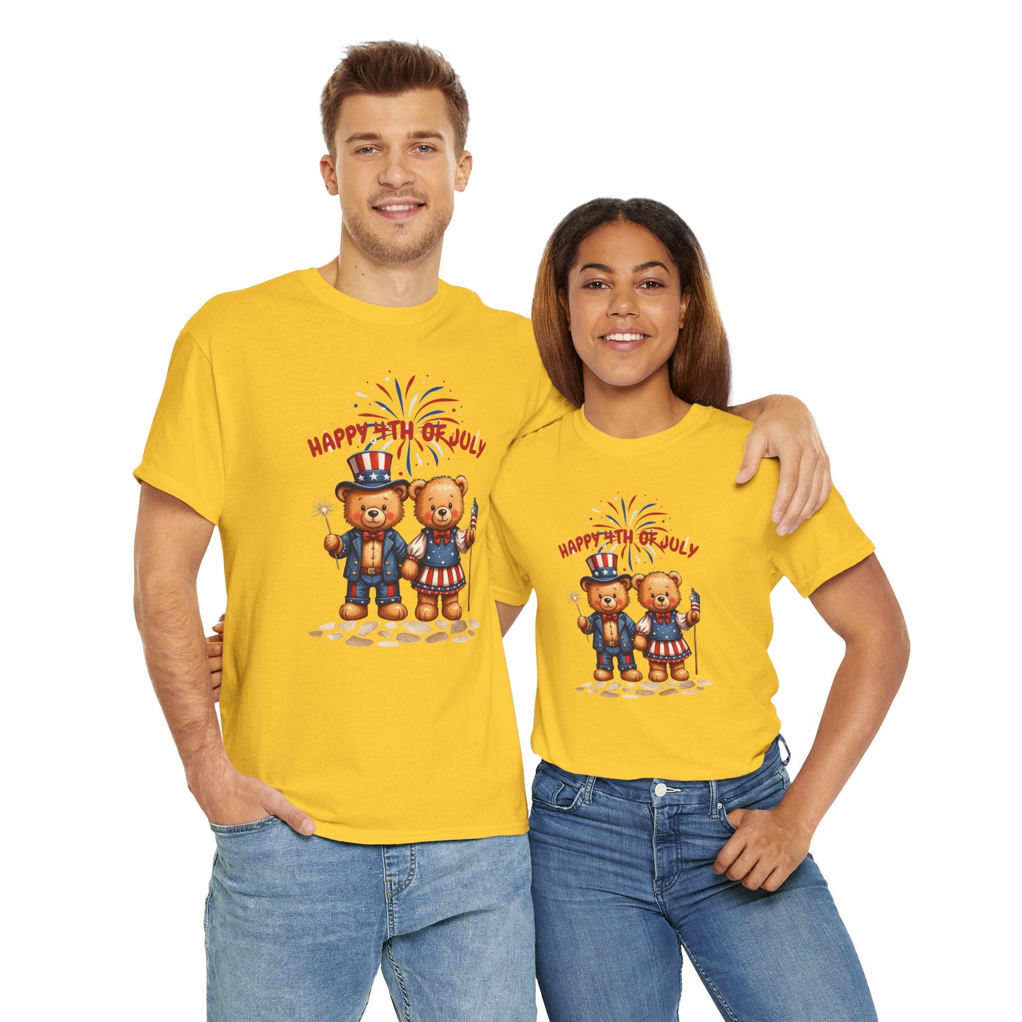 Happy 4th of July Teddy Bear Couple Unisex Heavy Cotton Tee