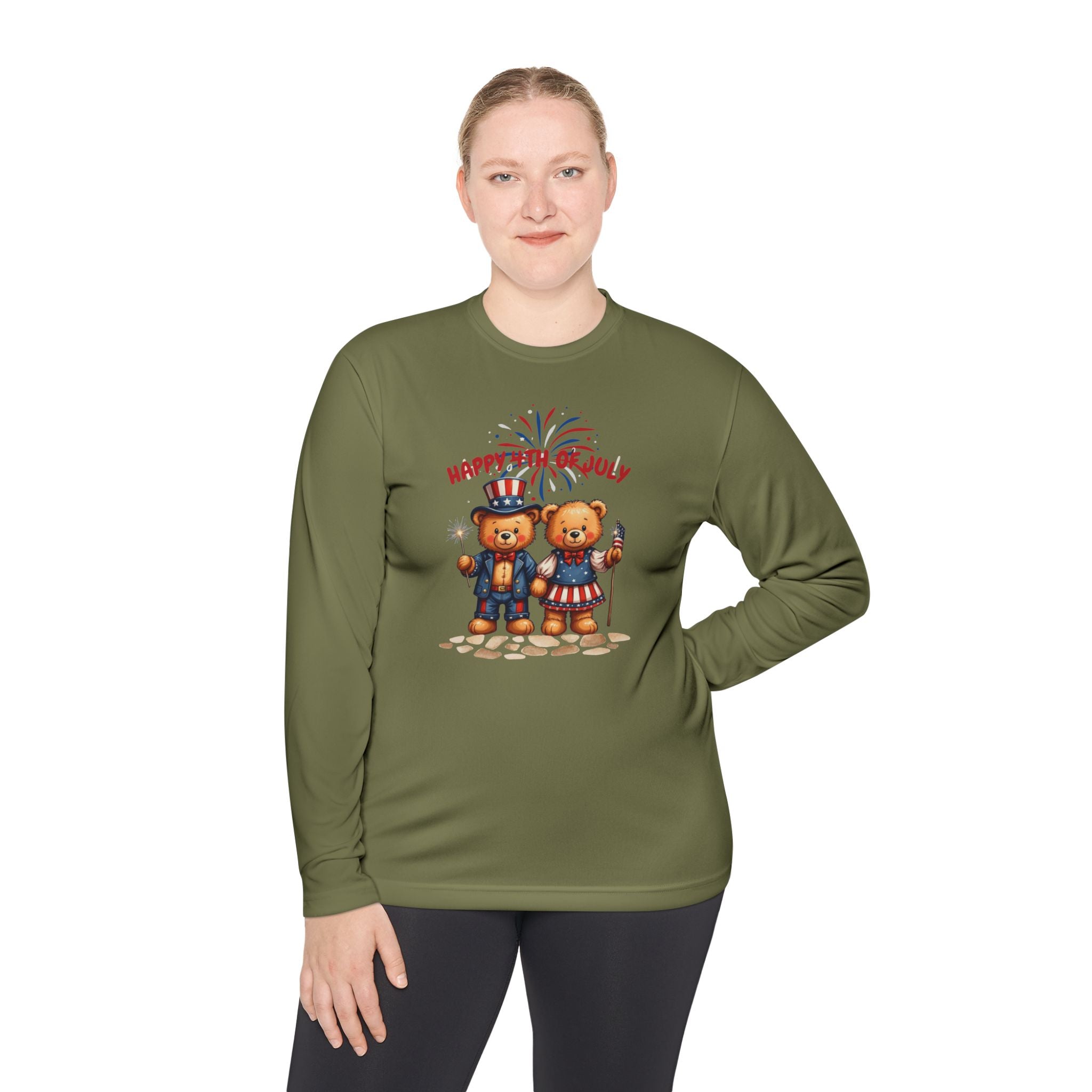 Happy 4th of July Teddy Bear Couple  Unisex Lightweight Long Sleeve Tee