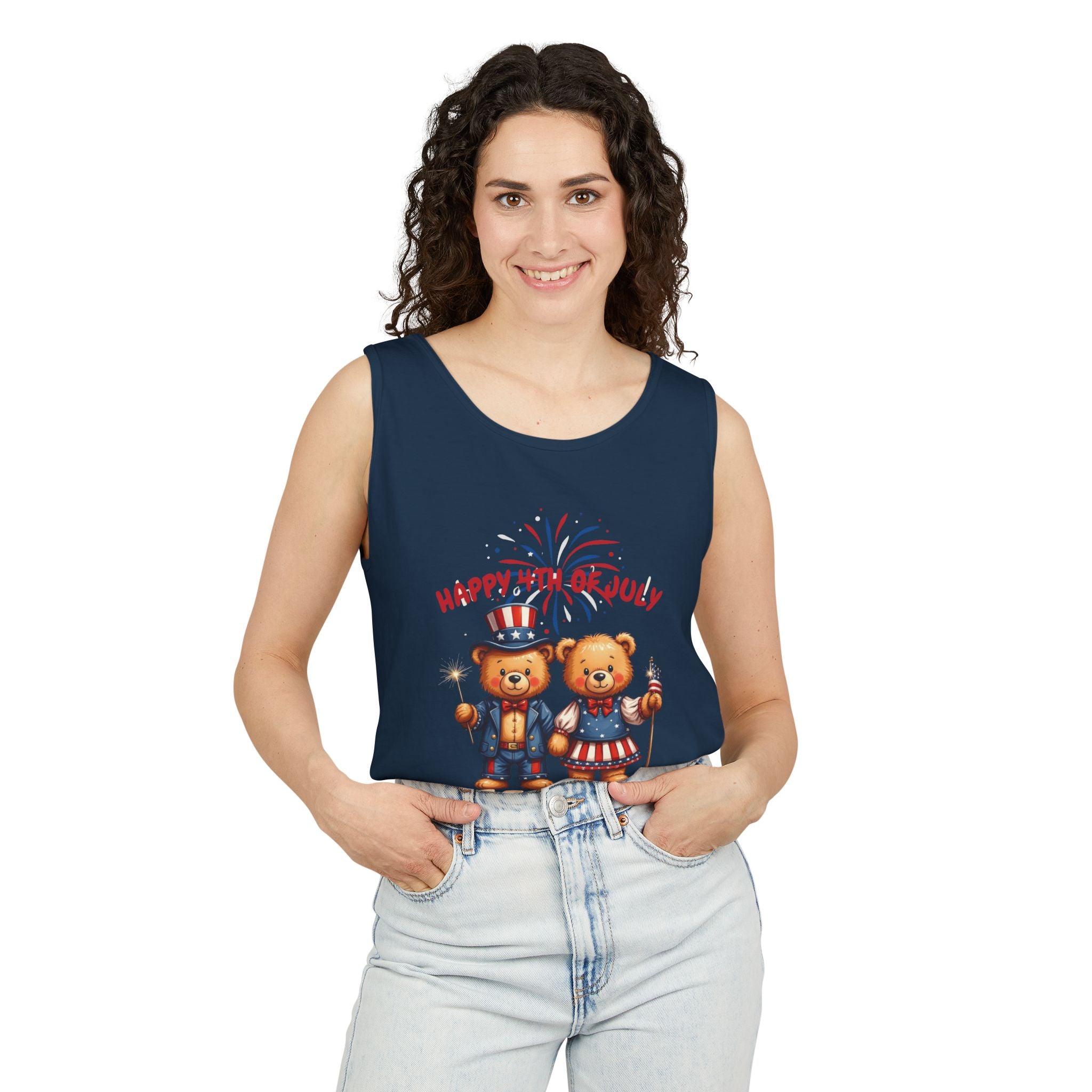 Happy 4th of July Teddy Bear Couple Tank Top