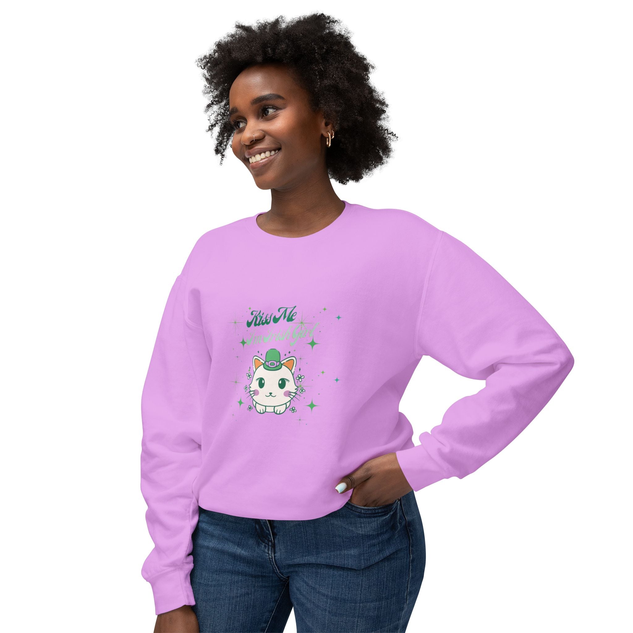 Kiss Me I'm Irish Cat Unisex Lightweight Crewneck Sweatshirt