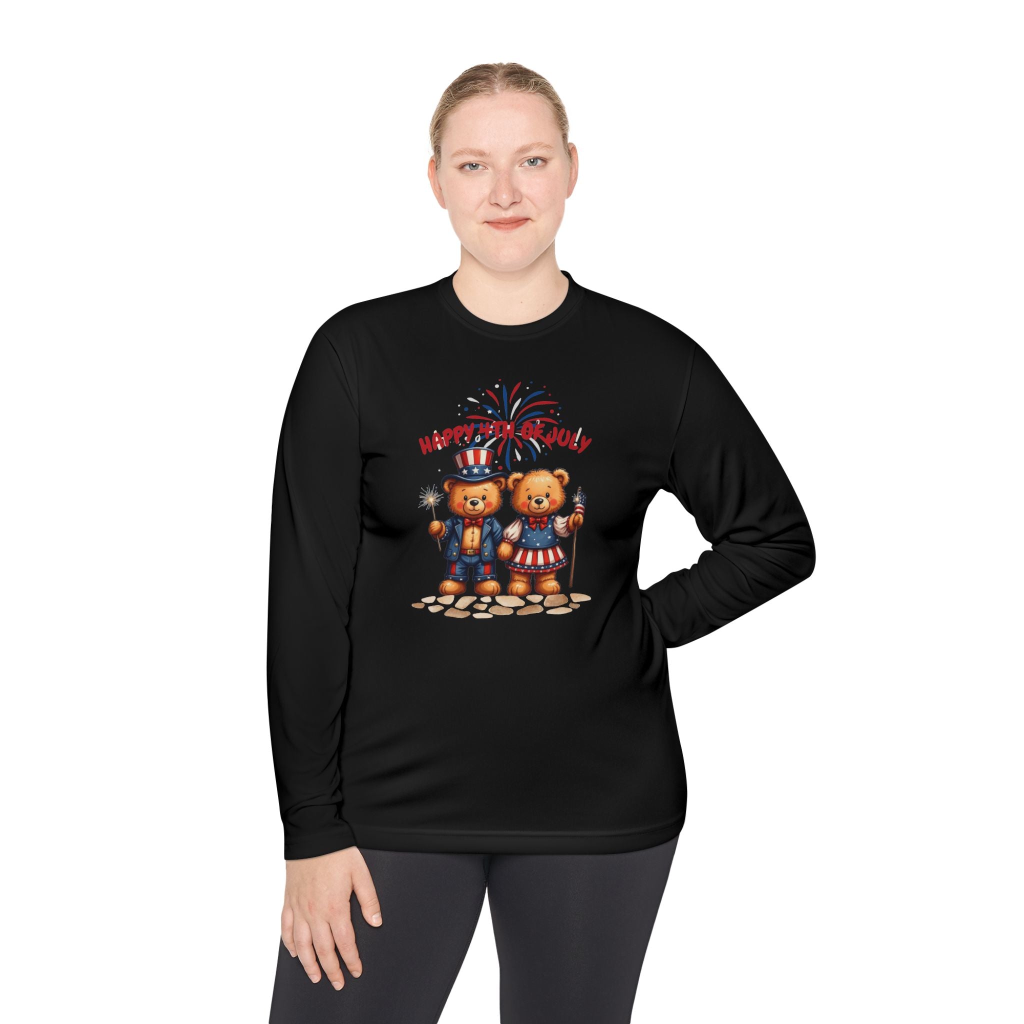Happy 4th of July Teddy Bear Couple  Unisex Lightweight Long Sleeve Tee