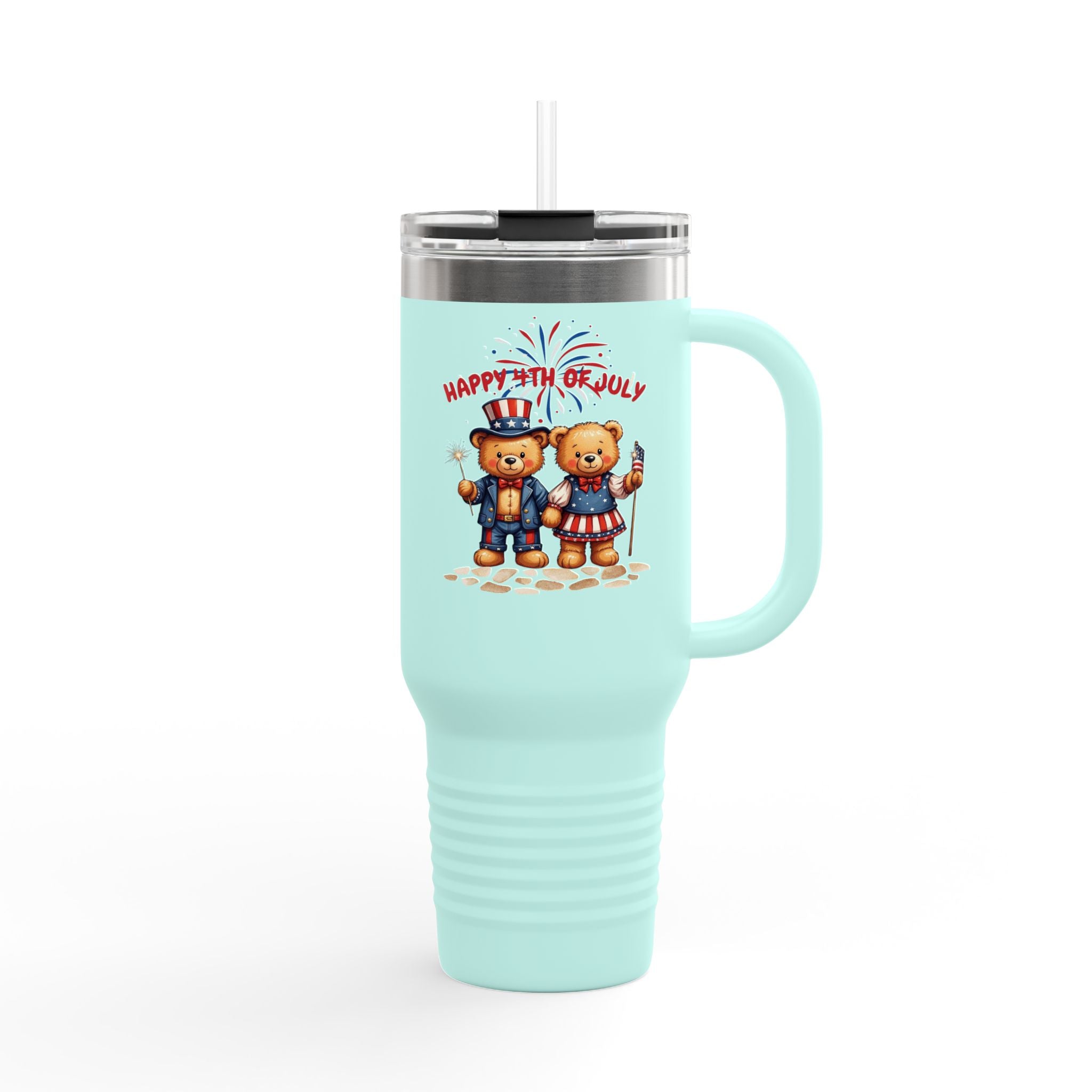 Happy 4th of July Teddy Bear Couple Insulated Travel Mug, 40oz