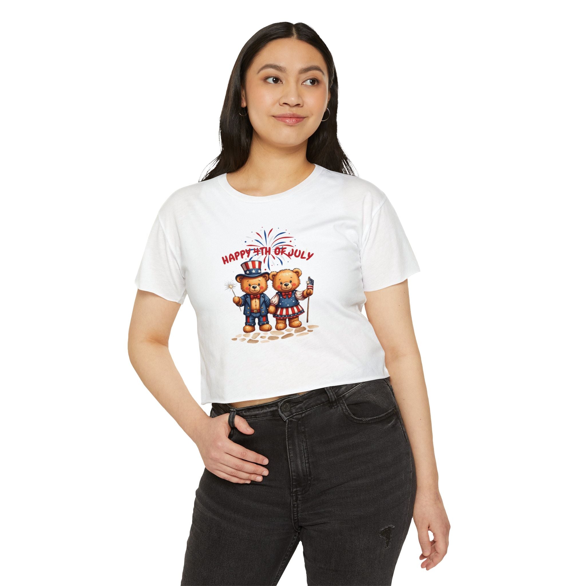 Happy 4th of July Teddy Bear Couple  Crop Top
