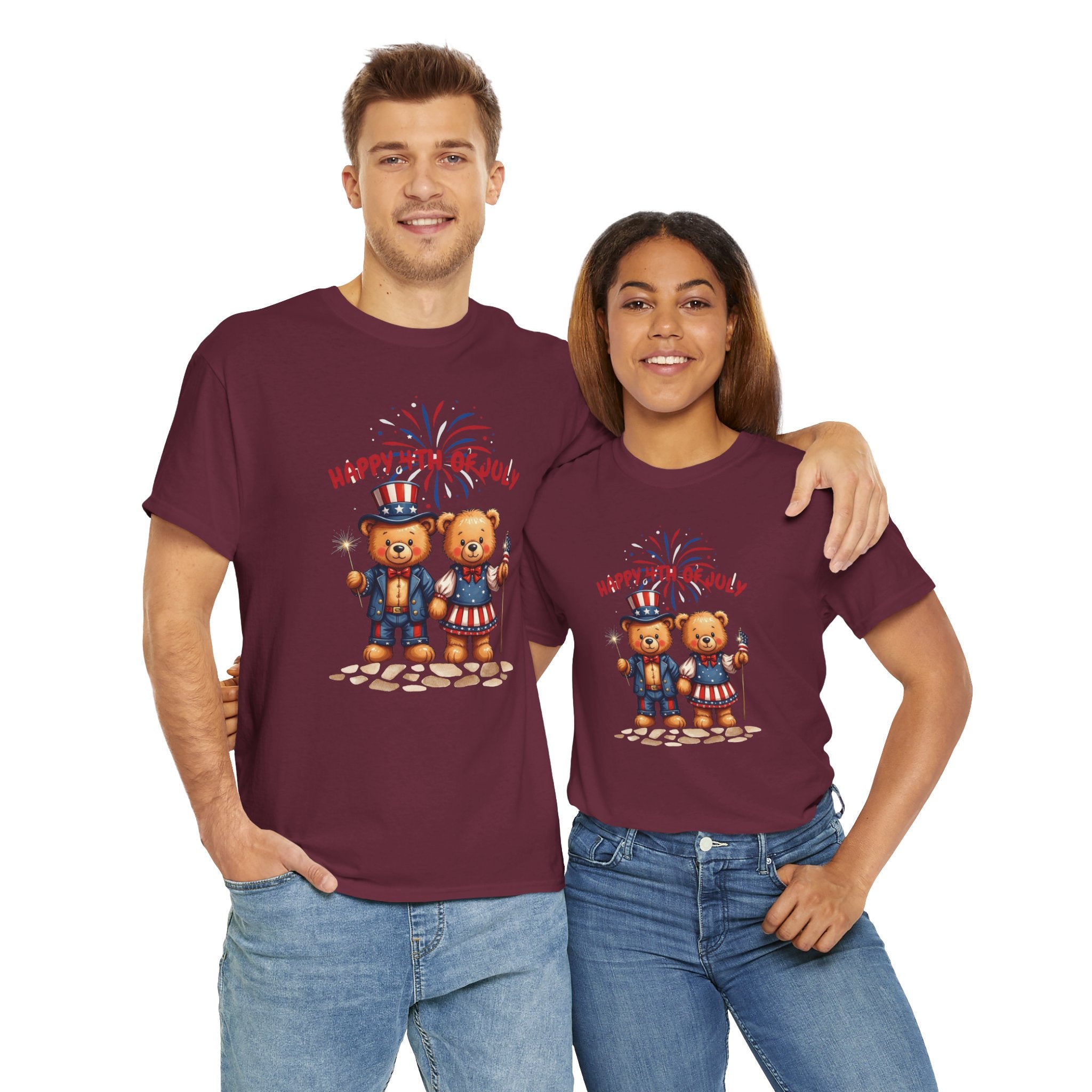 Happy 4th of July Teddy Bear Couple Unisex Heavy Cotton Tee