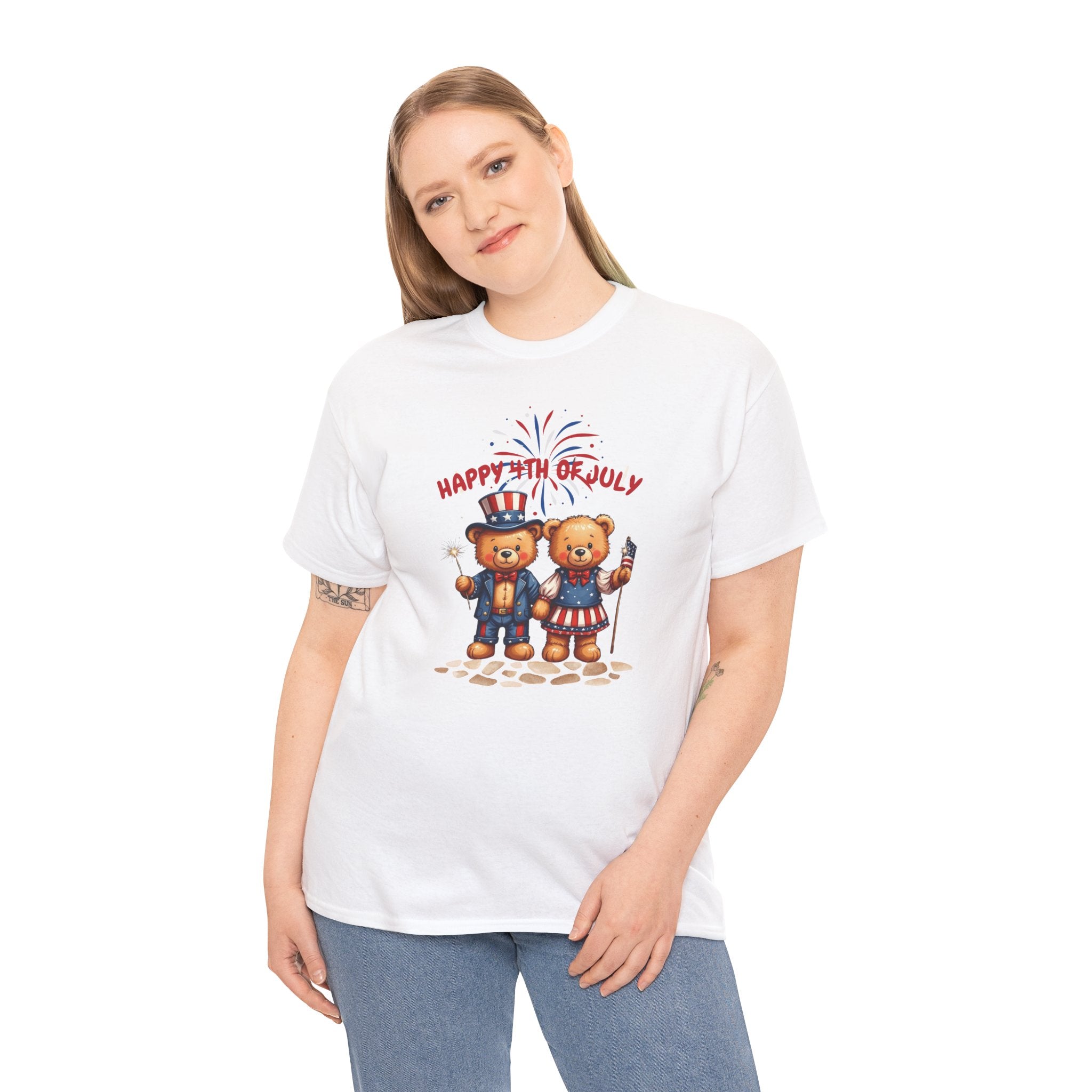 Happy 4th of July Teddy Bear Couple Unisex Heavy Cotton Tee