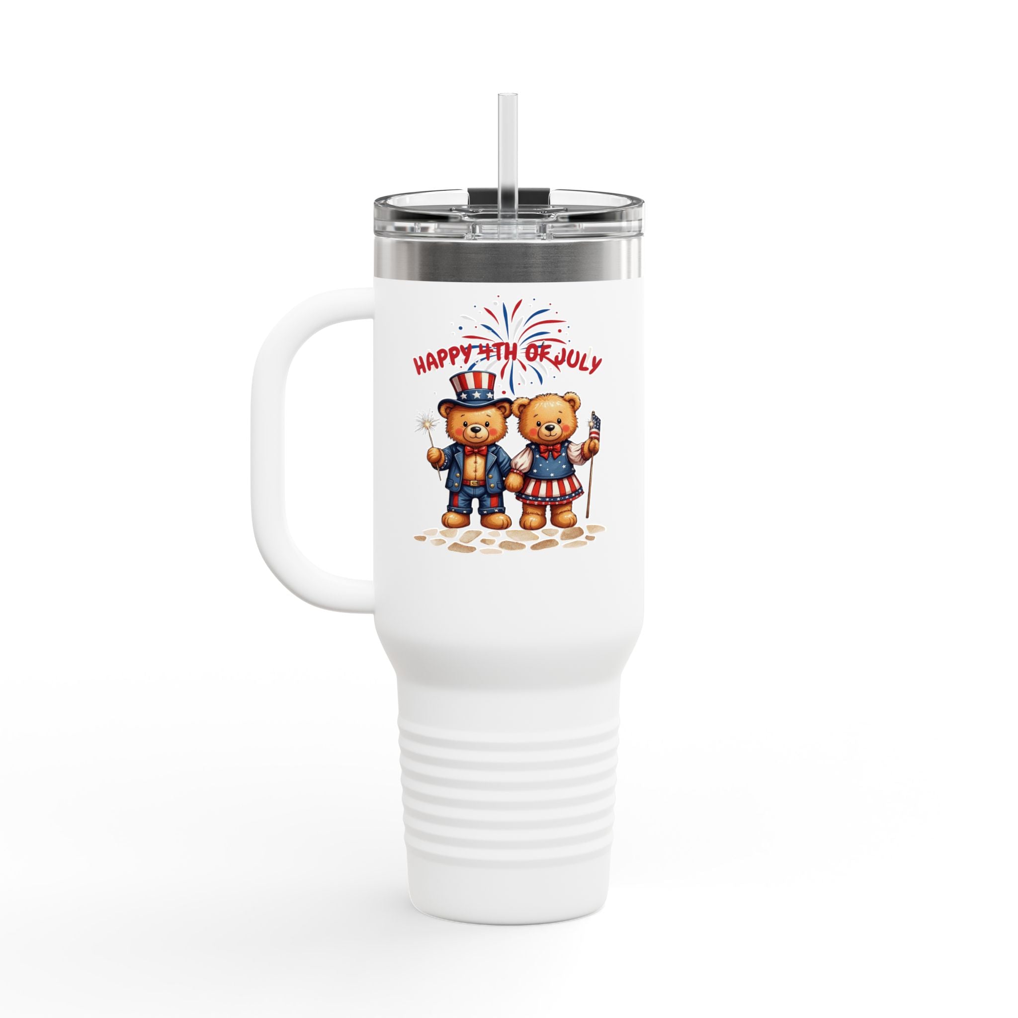 Happy 4th of July Teddy Bear Couple Insulated Travel Mug, 40oz