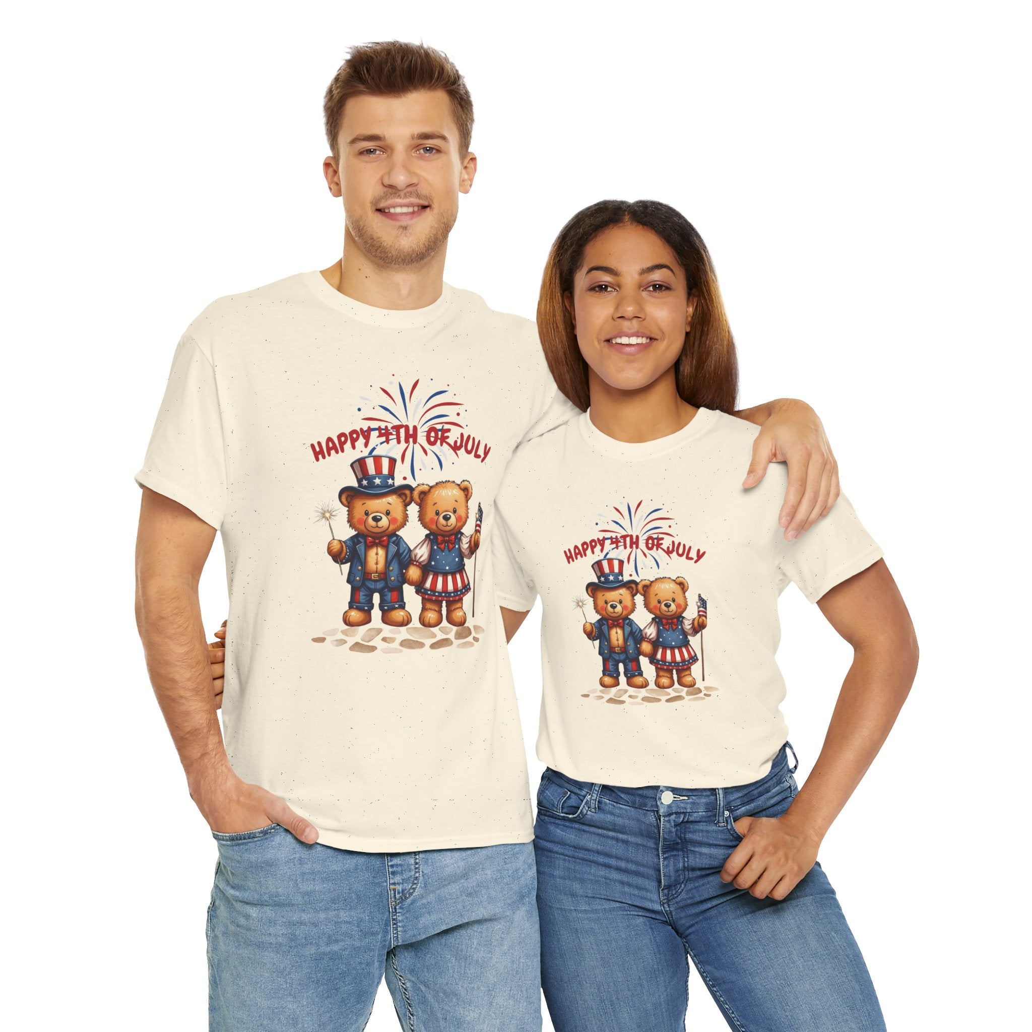 Happy 4th of July Teddy Bear Couple Unisex Heavy Cotton Tee
