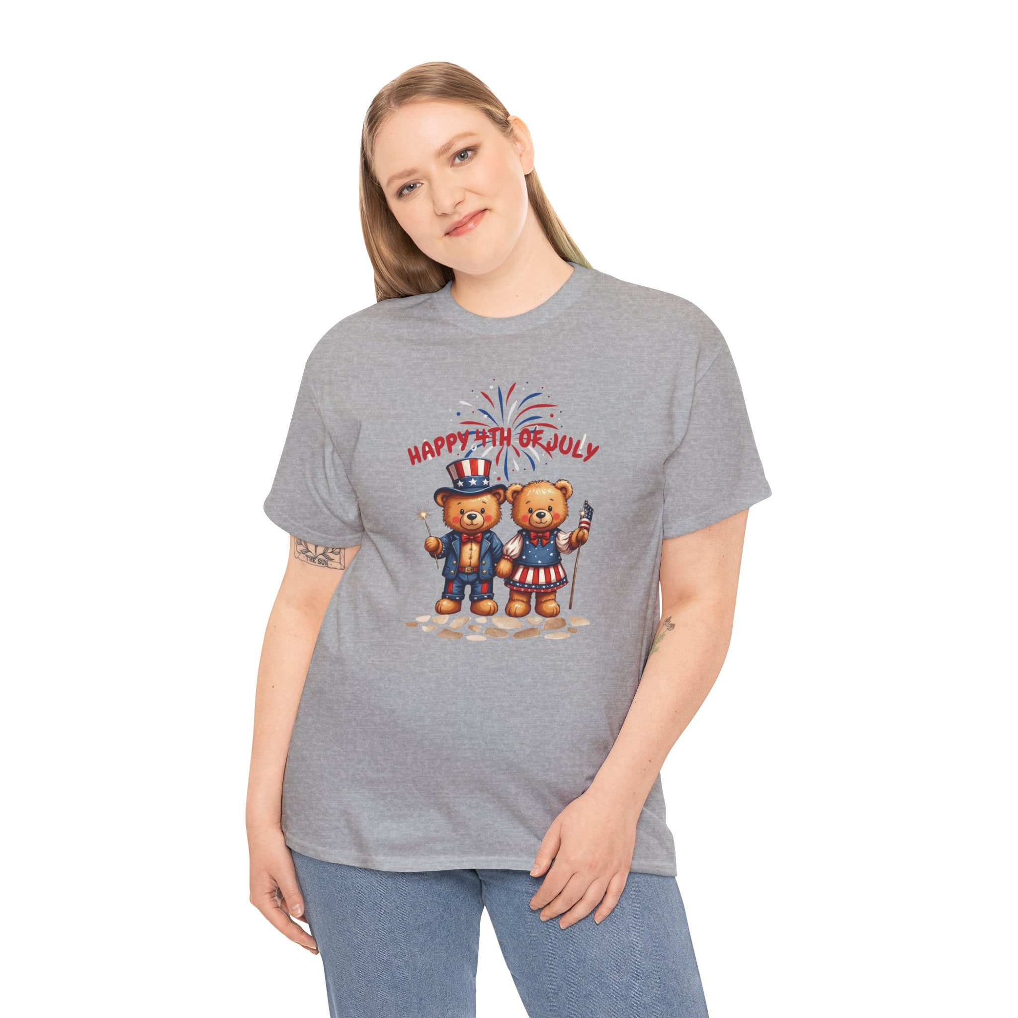 Happy 4th of July Teddy Bear Couple Unisex Heavy Cotton Tee
