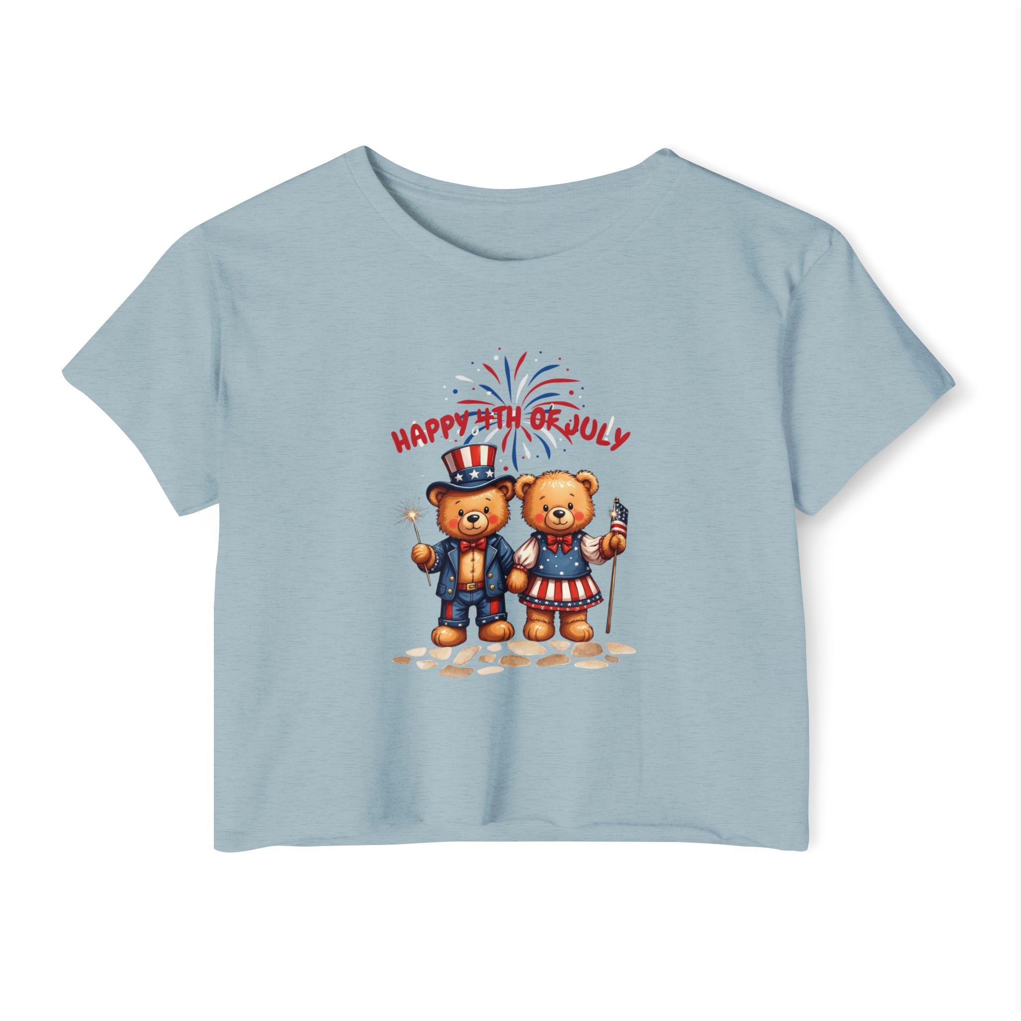 Happy 4th of July Teddy Bear Couple  Crop Top