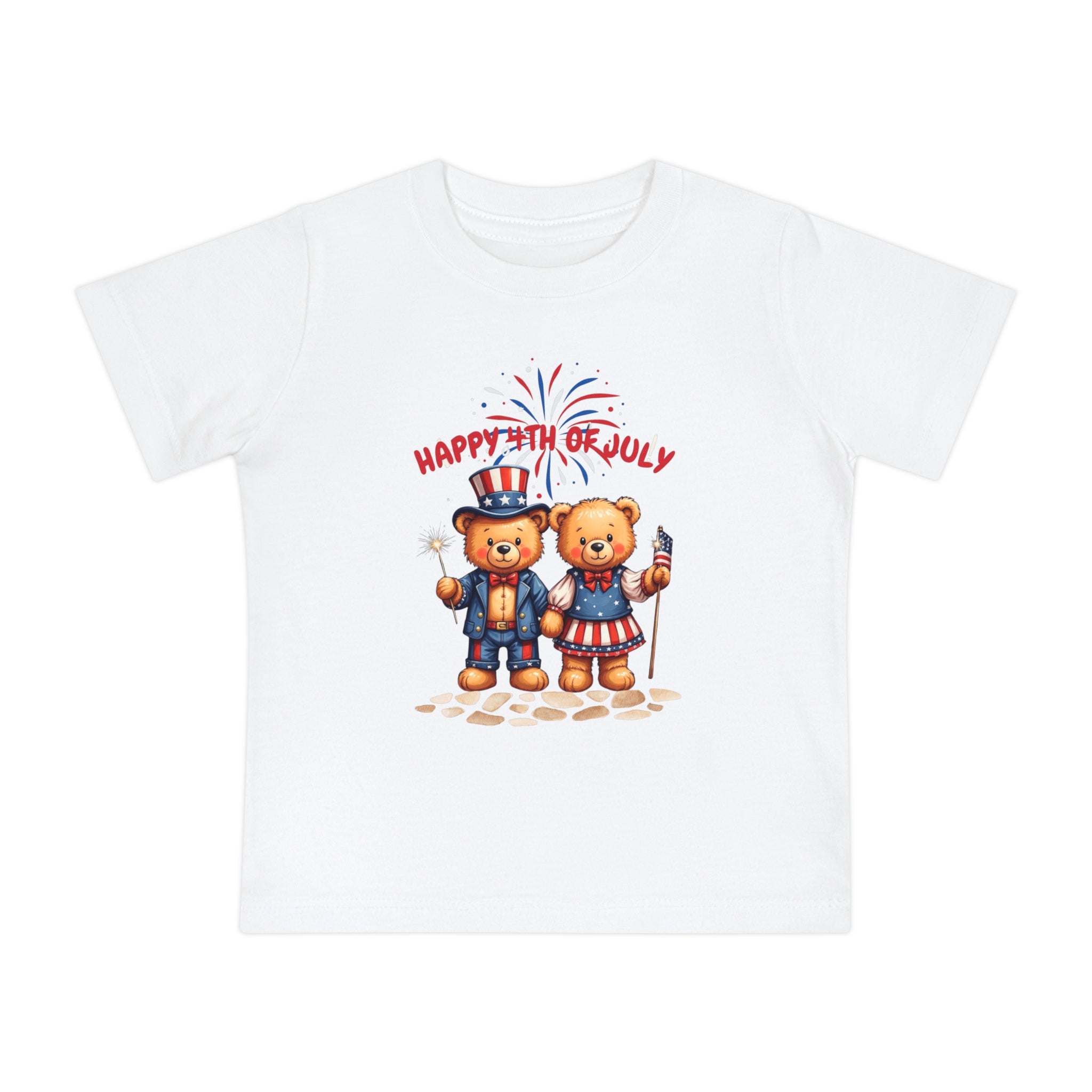 Happy 4th of July Teddy Bear Couple Baby Short T-Shirt