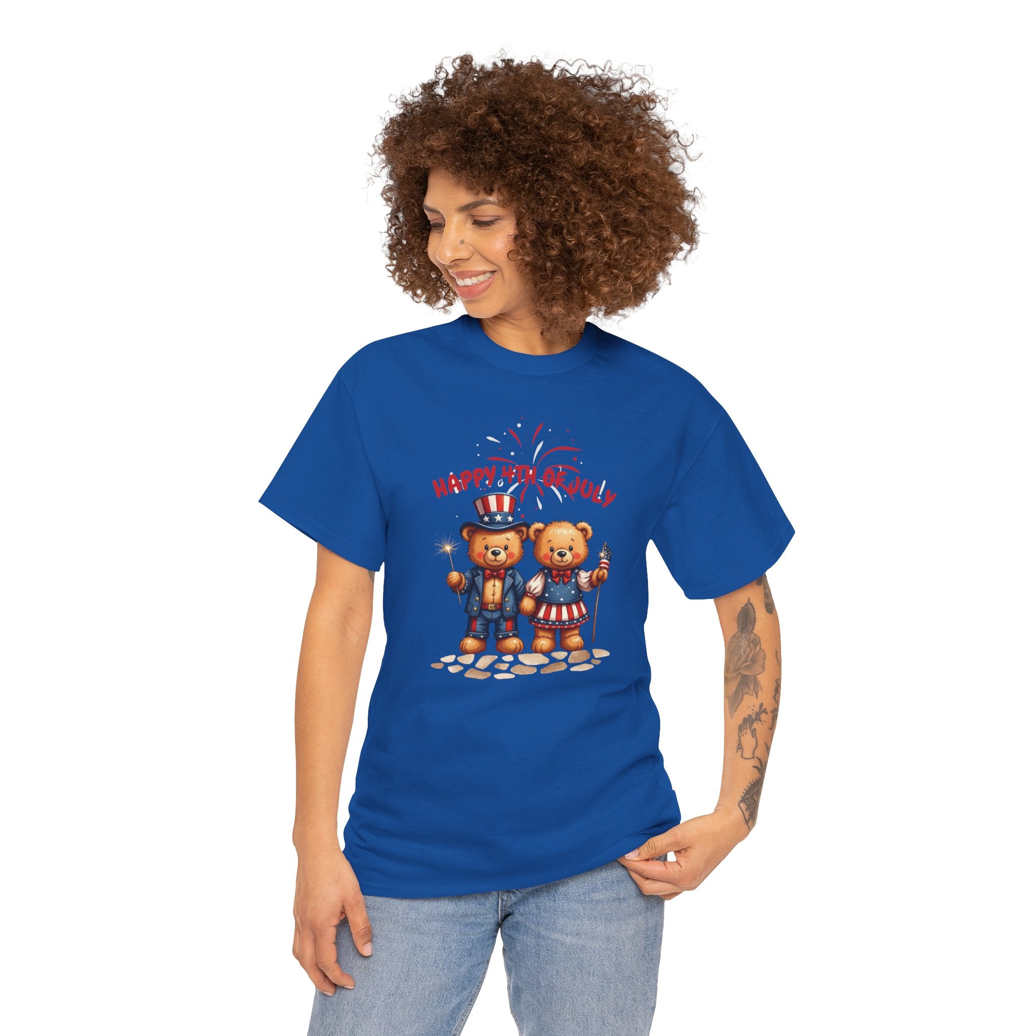 Happy 4th of July Teddy Bear Couple Unisex Heavy Cotton Tee