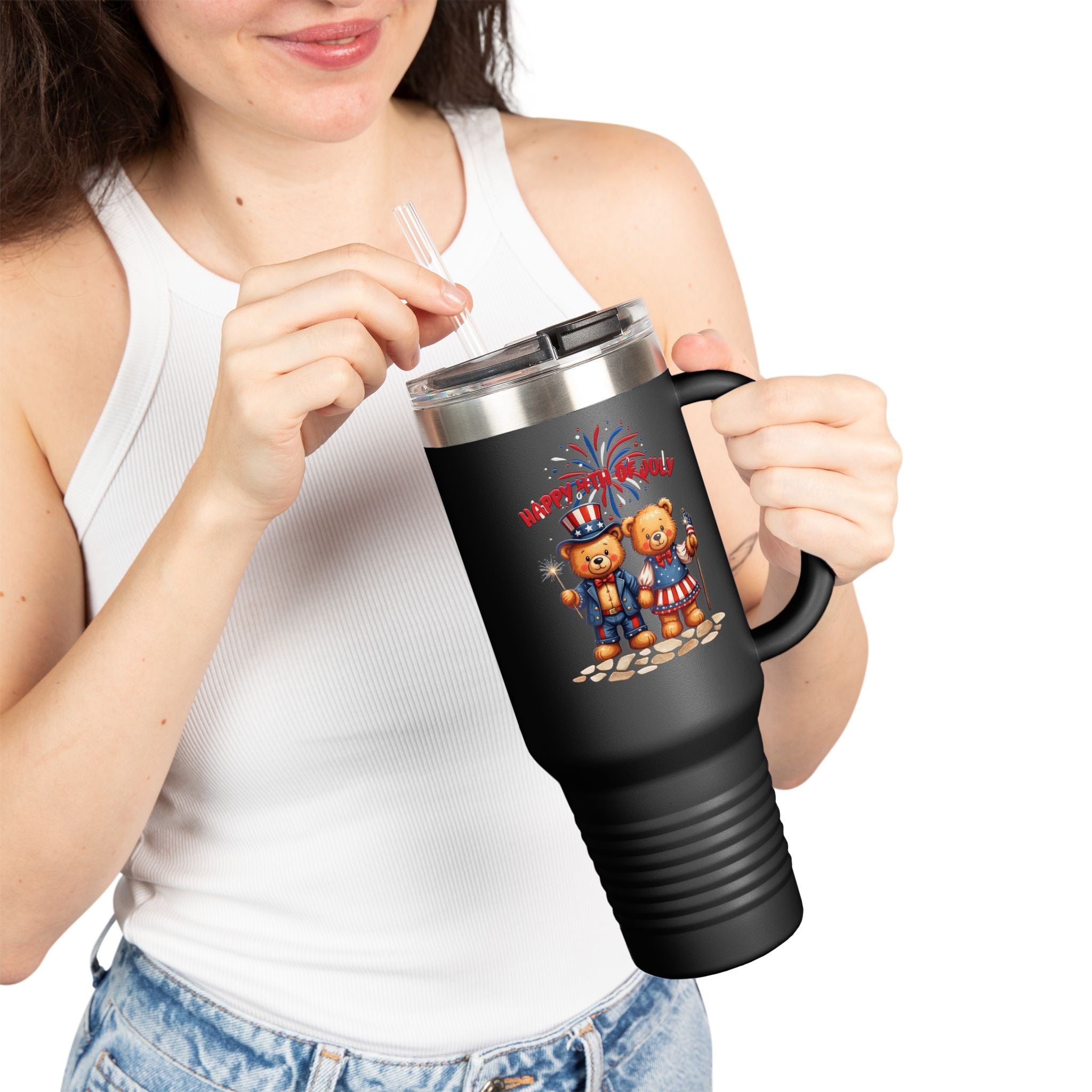 Happy 4th of July Teddy Bear Couple Insulated Travel Mug, 40oz
