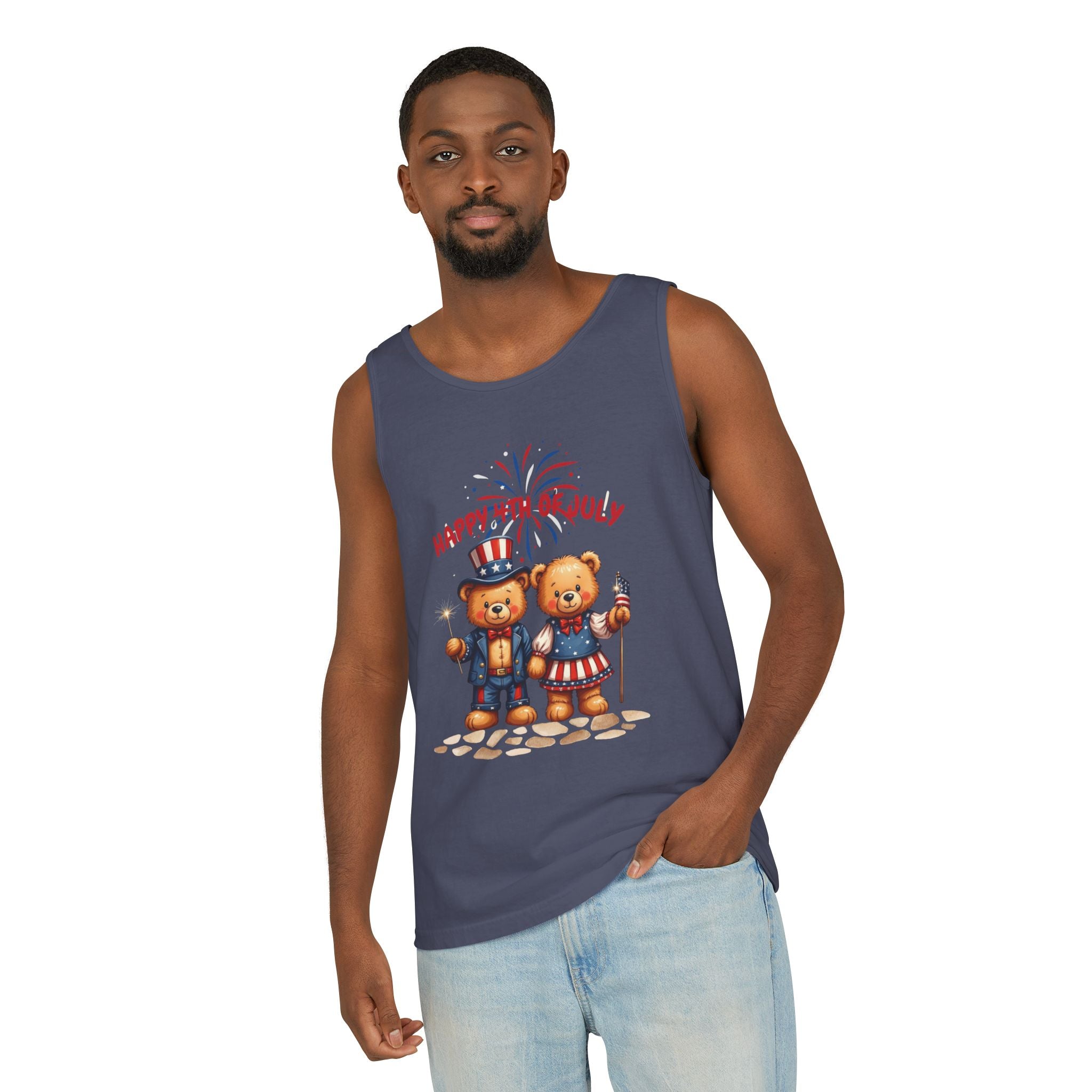 Happy 4th of July Teddy Bear Couple Tank Top