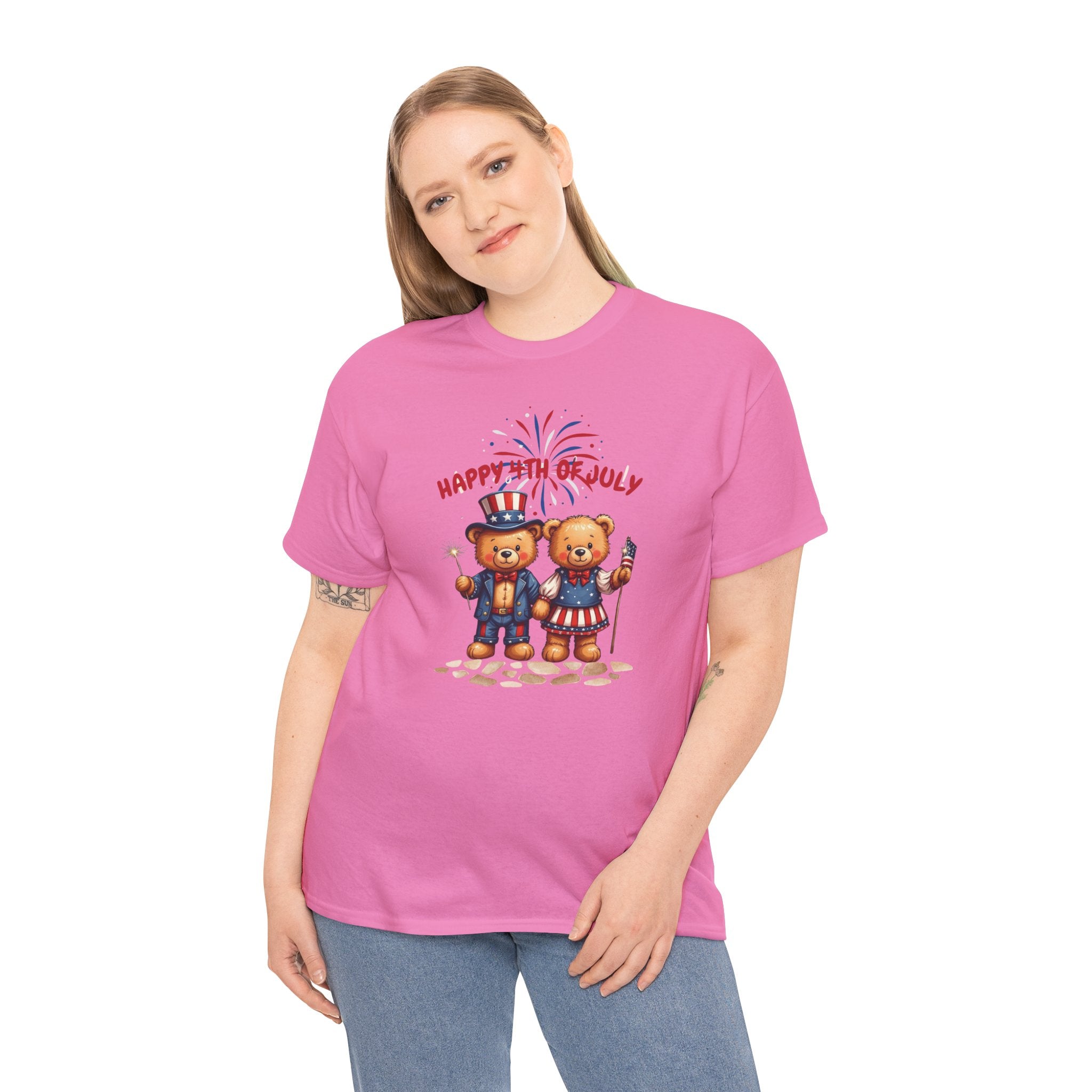 Happy 4th of July Teddy Bear Couple Unisex Heavy Cotton Tee