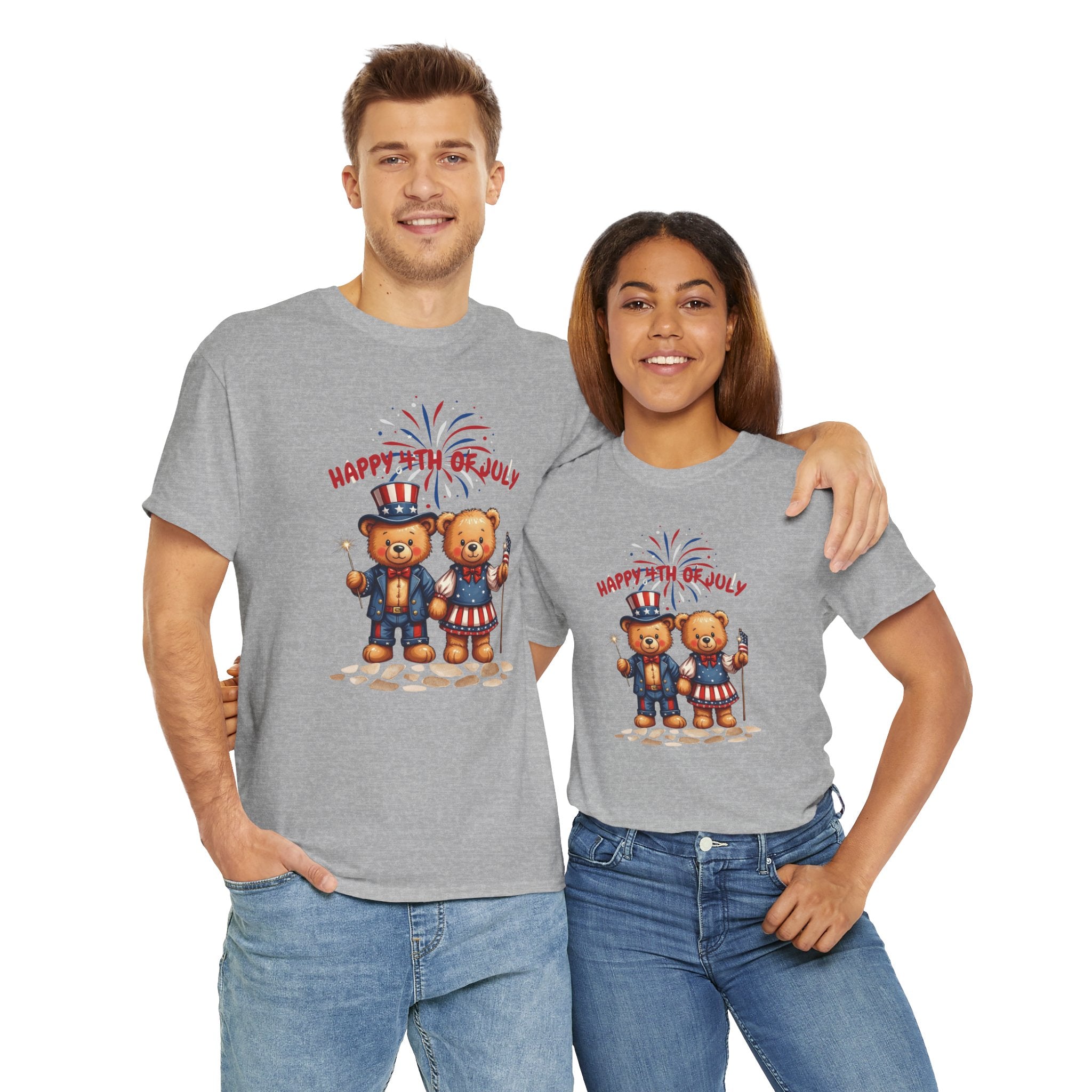 Happy 4th of July Teddy Bear Couple Unisex Heavy Cotton Tee