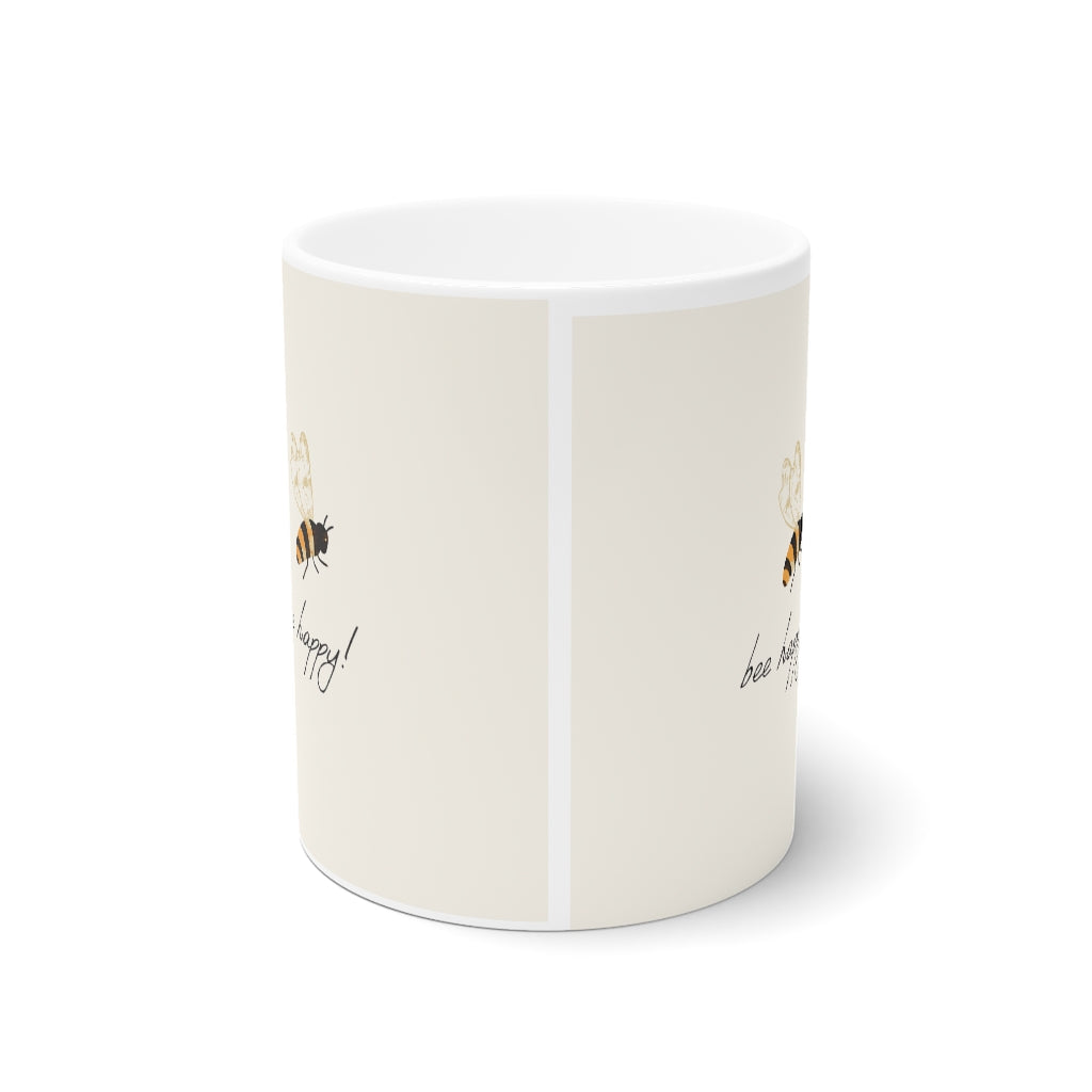 Bee Happy White Ceramic Mug, 11oz and 15oz