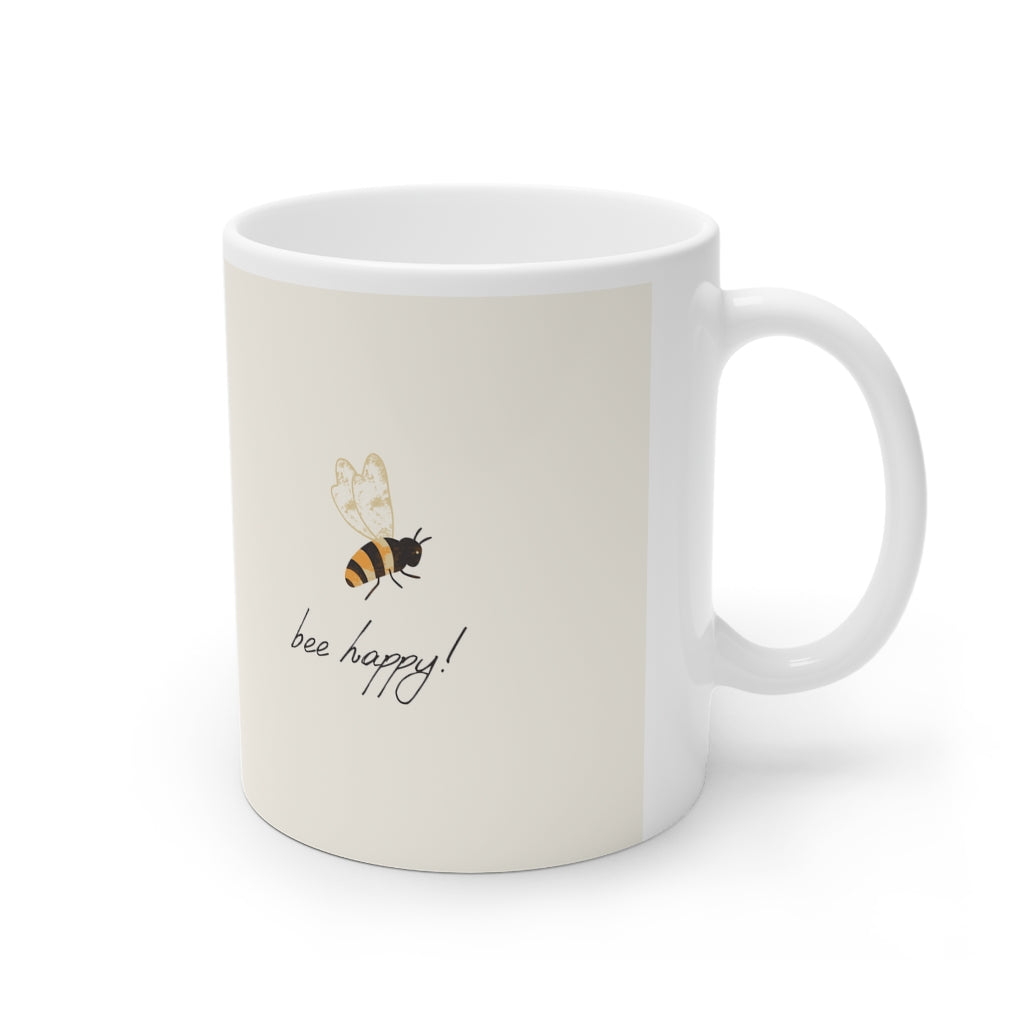 Bee Happy White Ceramic Mug, 11oz and 15oz