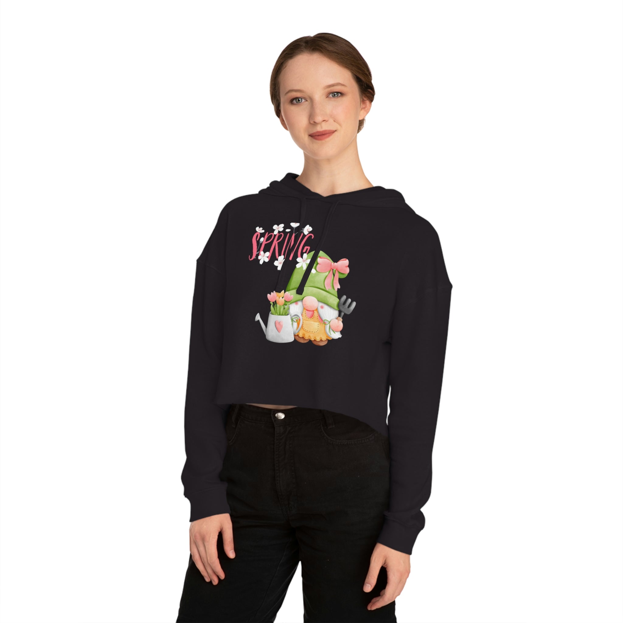 Gnome Happy Spring Women’s Cropped Hooded Sweatshirt