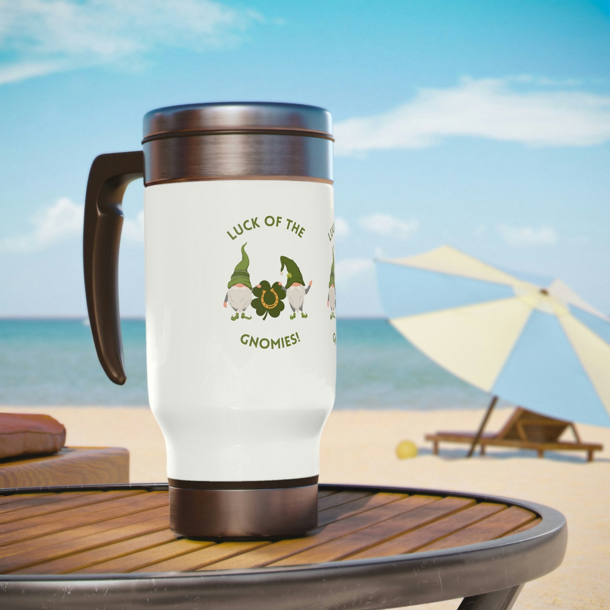 The Luck Of The Gnomies! Stainless Steel Travel Mug with Handle, 14oz