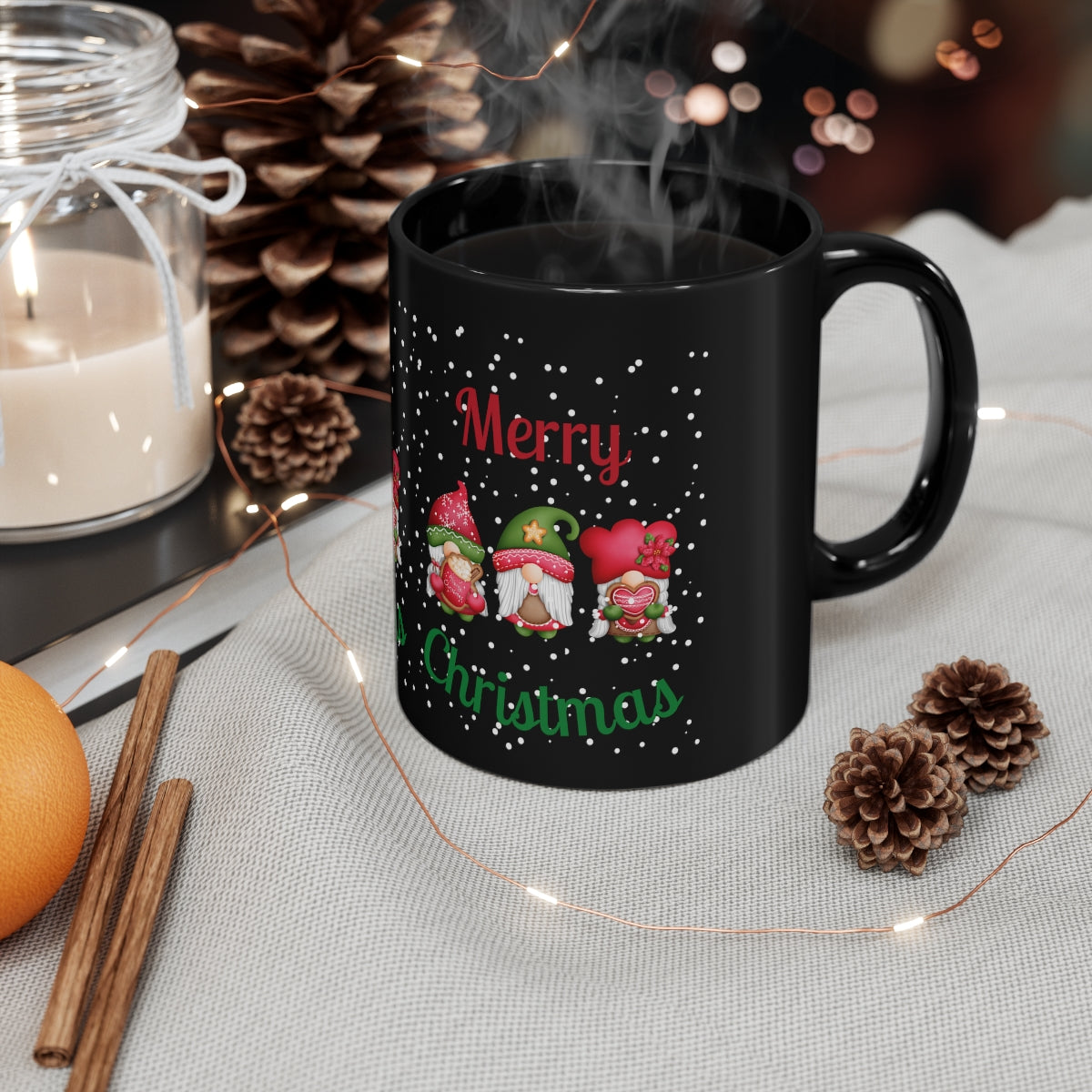 Three Gnomes Merry Christmas 11oz Black Mug