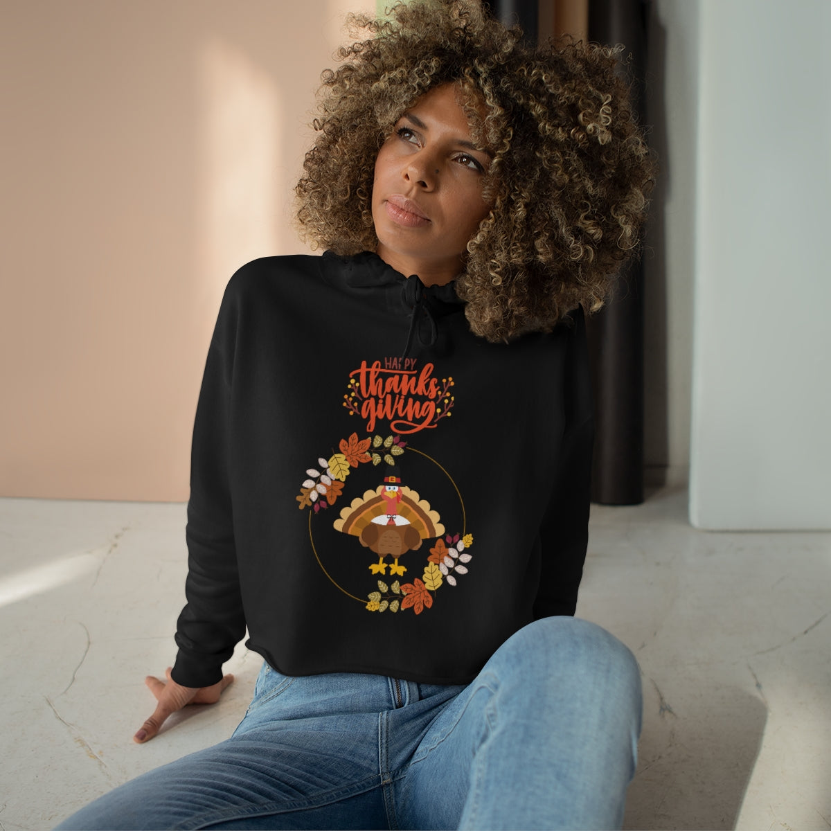 Happy Thanksgiving Pilgrim Turkey Crop Hoodie