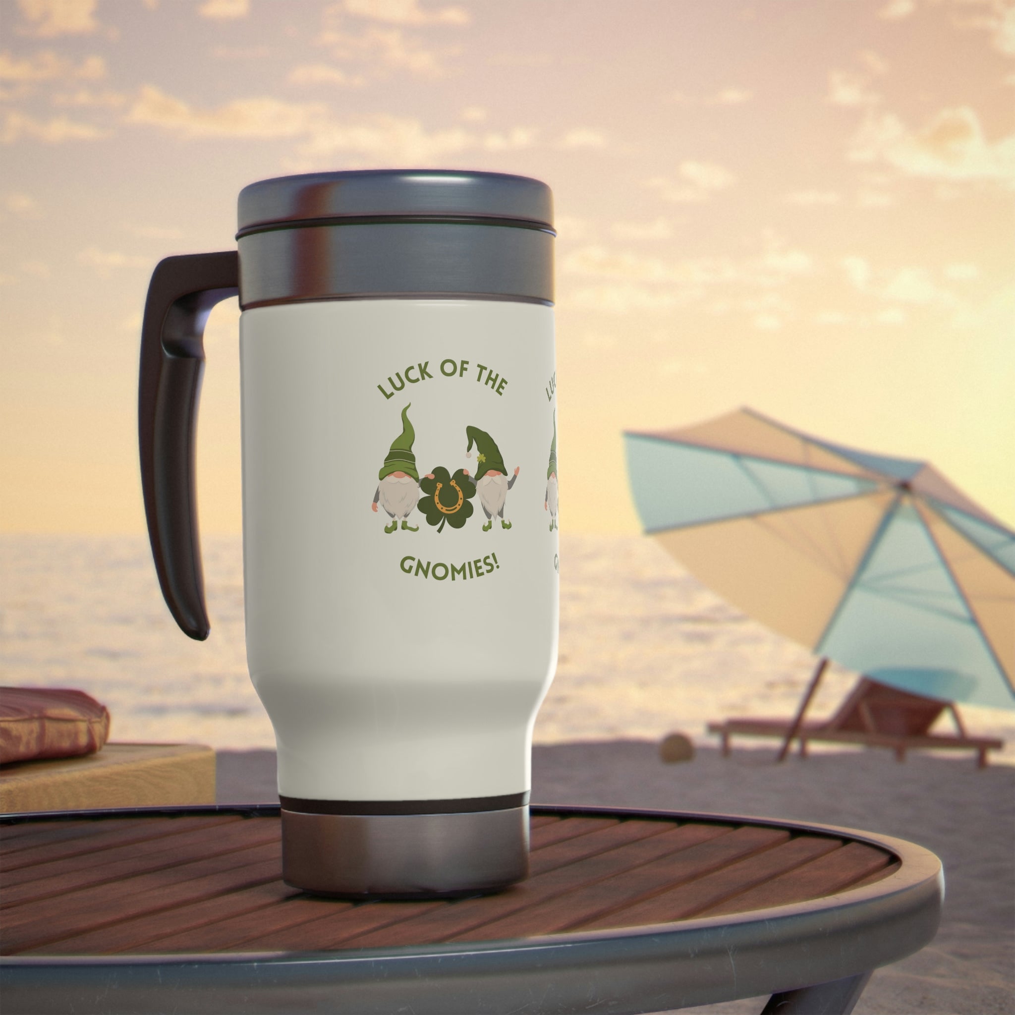 The Luck Of The Gnomies! Stainless Steel Travel Mug with Handle, 14oz