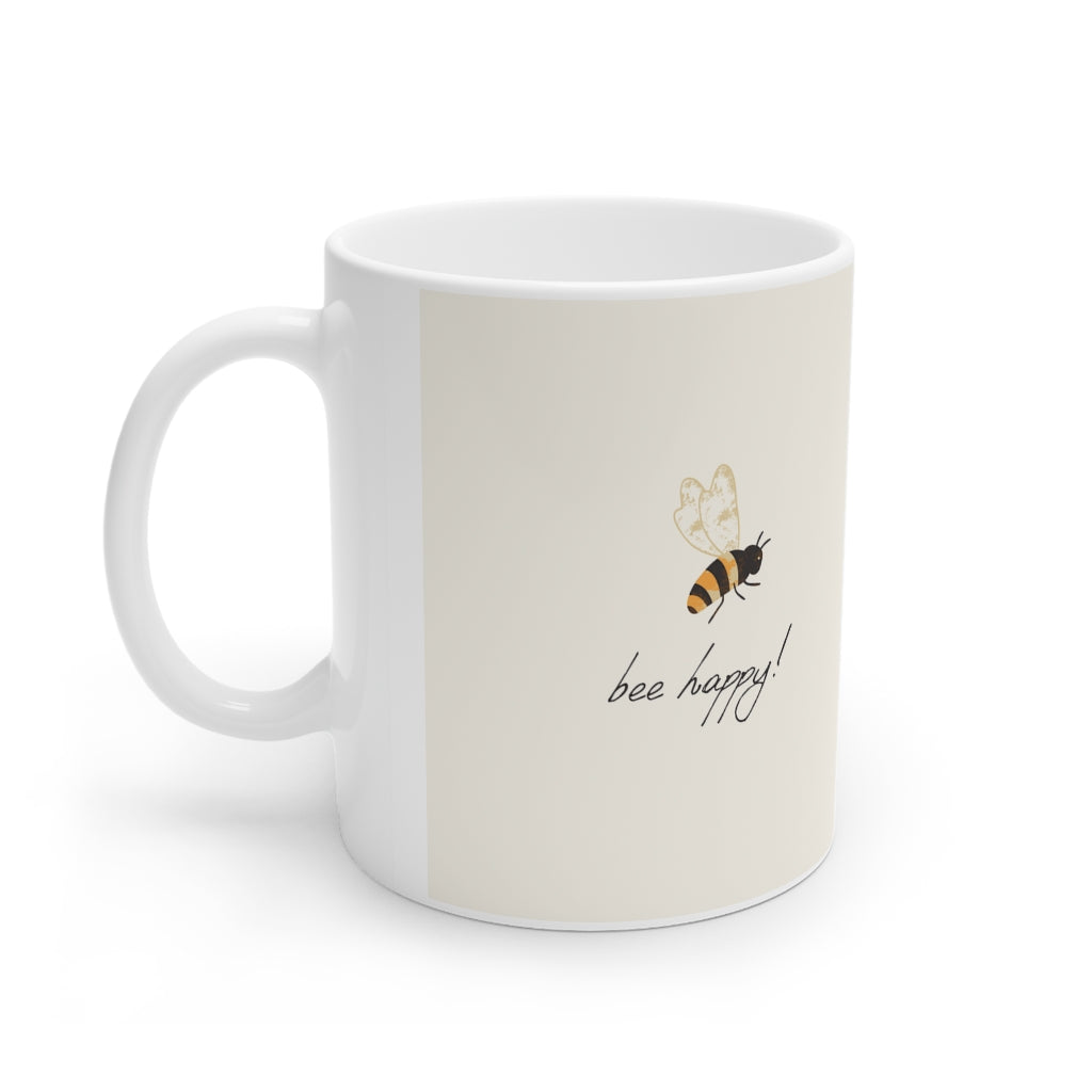 Bee Happy White Ceramic Mug, 11oz and 15oz