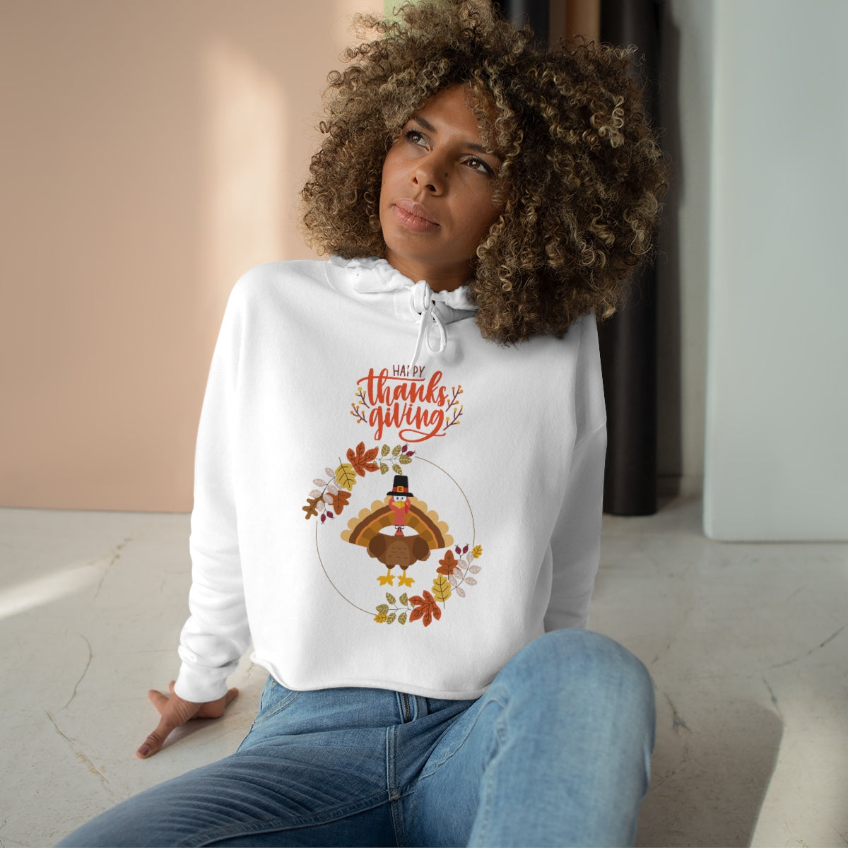 Happy Thanksgiving Pilgrim Turkey Crop Hoodie