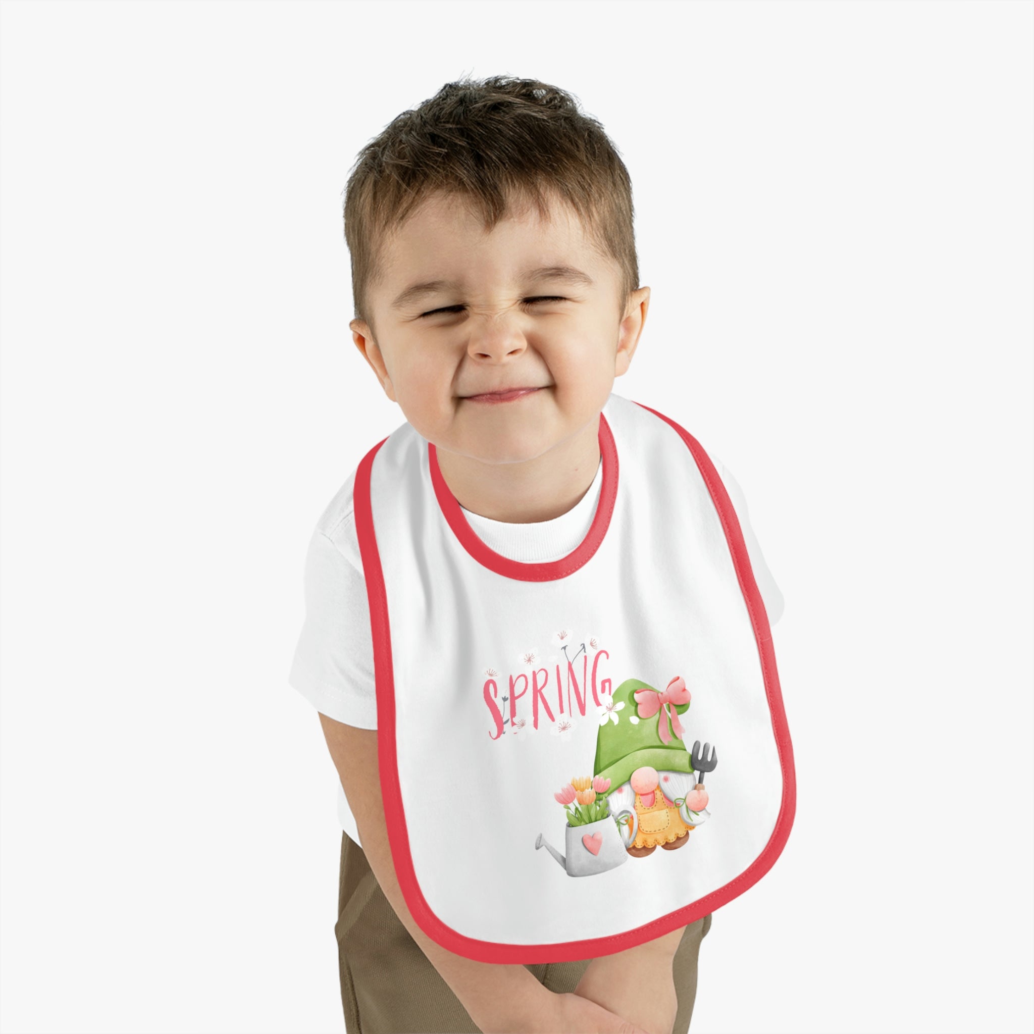 Gnome Happy Spring Baby Contrast Trim Jersey Bib