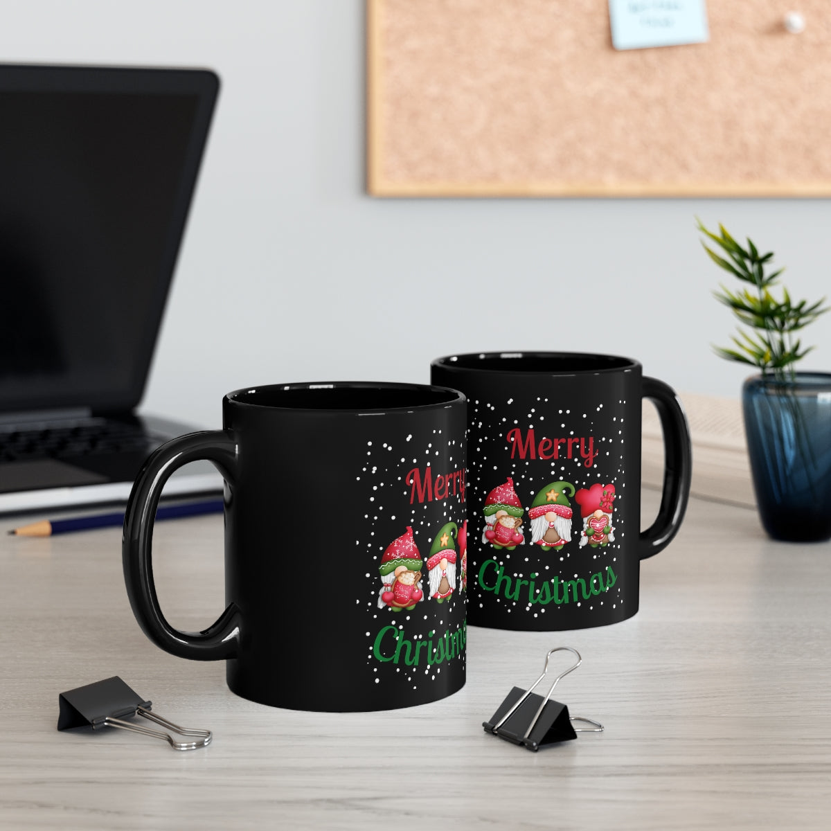 Three Gnomes Merry Christmas 11oz Black Mug