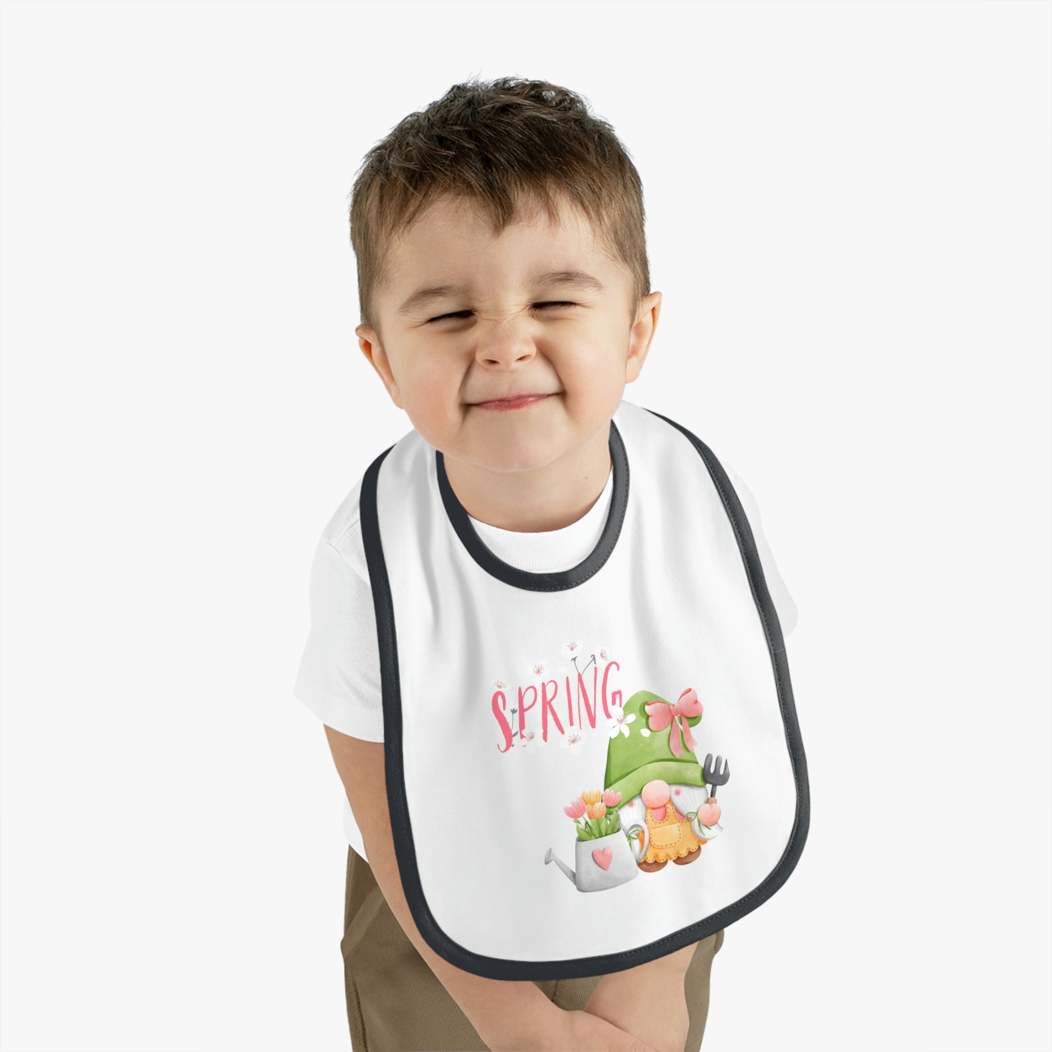 Gnome Happy Spring Baby Contrast Trim Jersey Bib